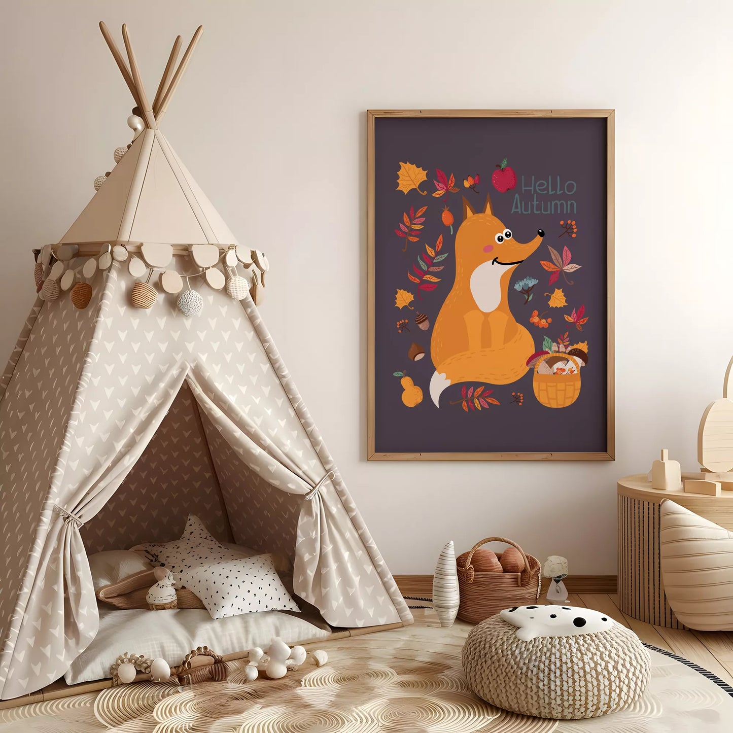 秋のきつねとバスケットのかわいいイラスト子供部屋用北欧アートポスター