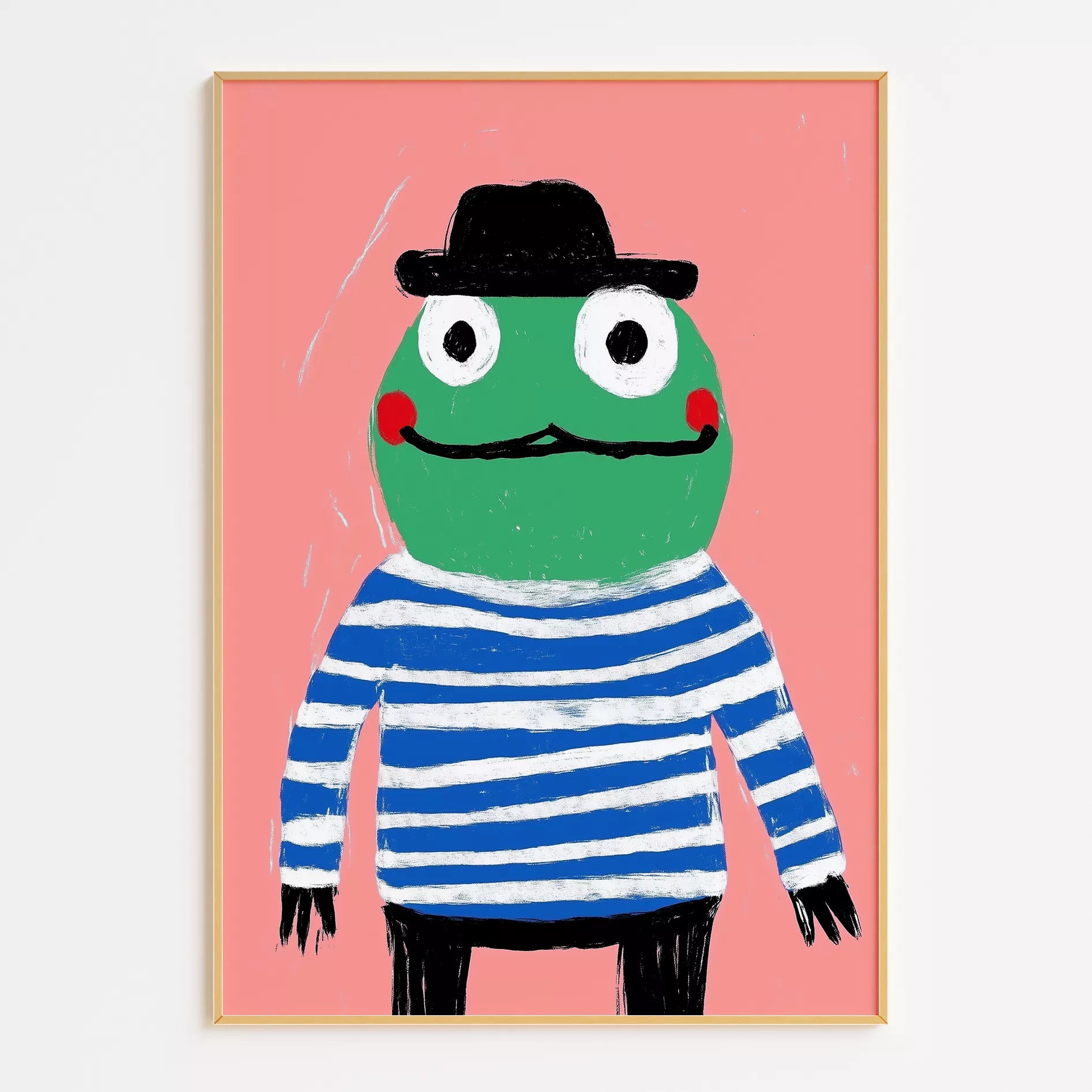 帽子をかぶったカエルとピンク背景のキッズアートポスター