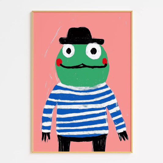 帽子をかぶったカエルとピンク背景のキッズアートポスター