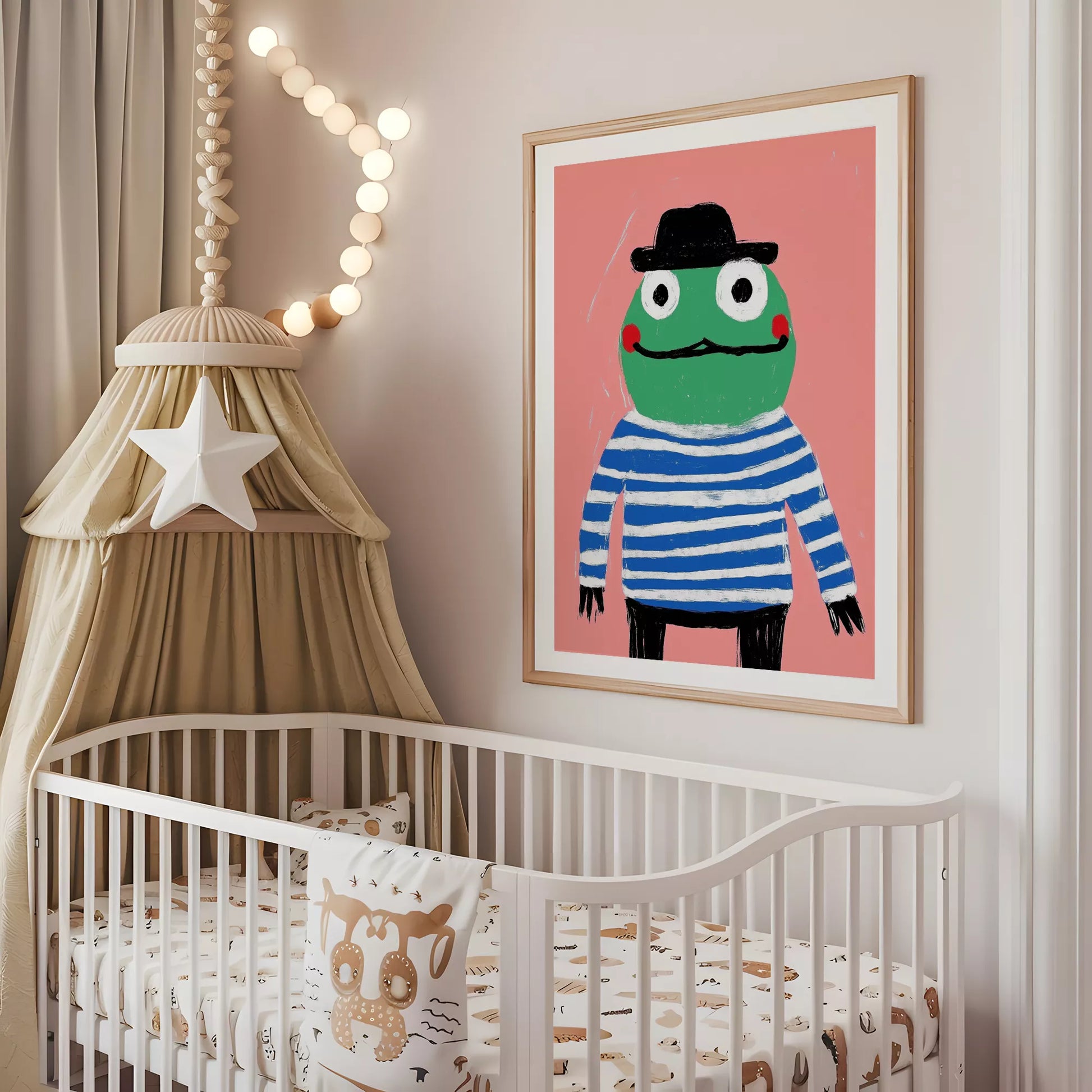 帽子をかぶったカエルとピンク背景のキッズアートポスター