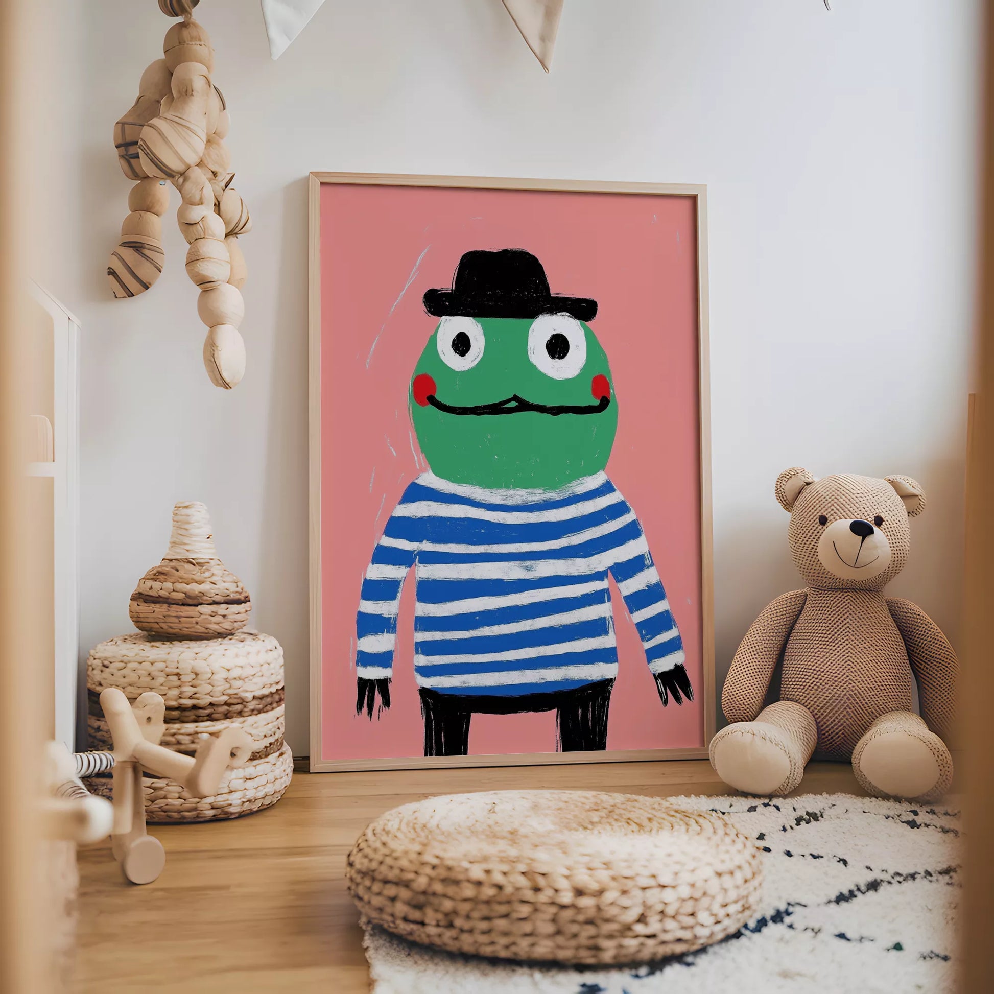 帽子をかぶったカエルとピンク背景のキッズアートポスター