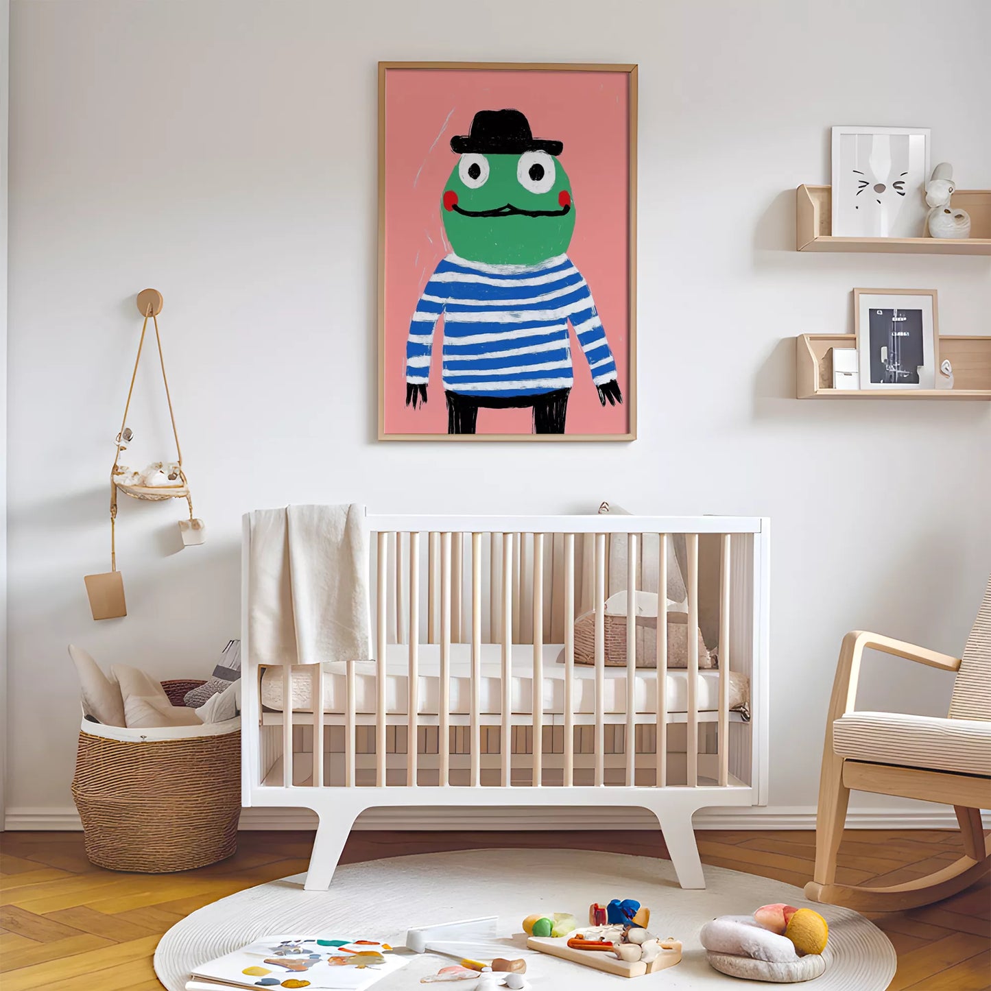 帽子をかぶったカエルとピンク背景のキッズアートポスター