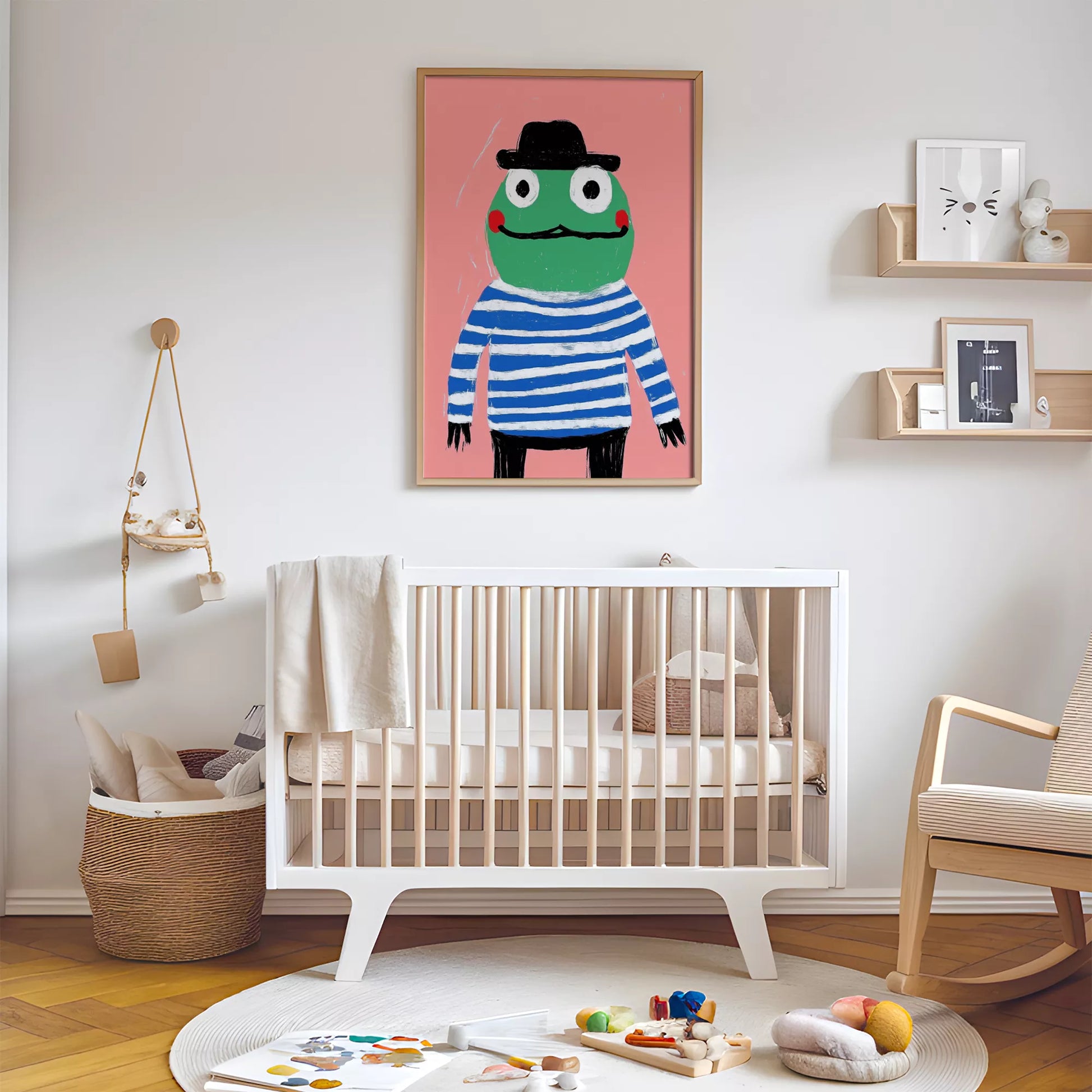 帽子をかぶったカエルとピンク背景のキッズアートポスター