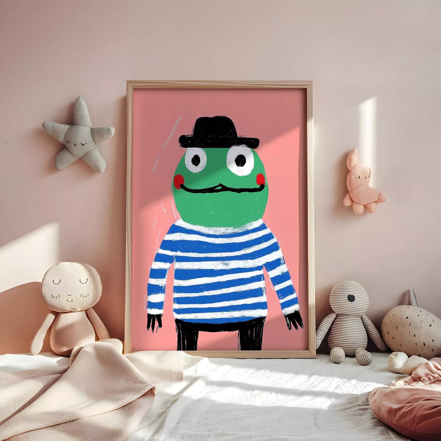 帽子をかぶったカエルとピンク背景のキッズアートポスター
