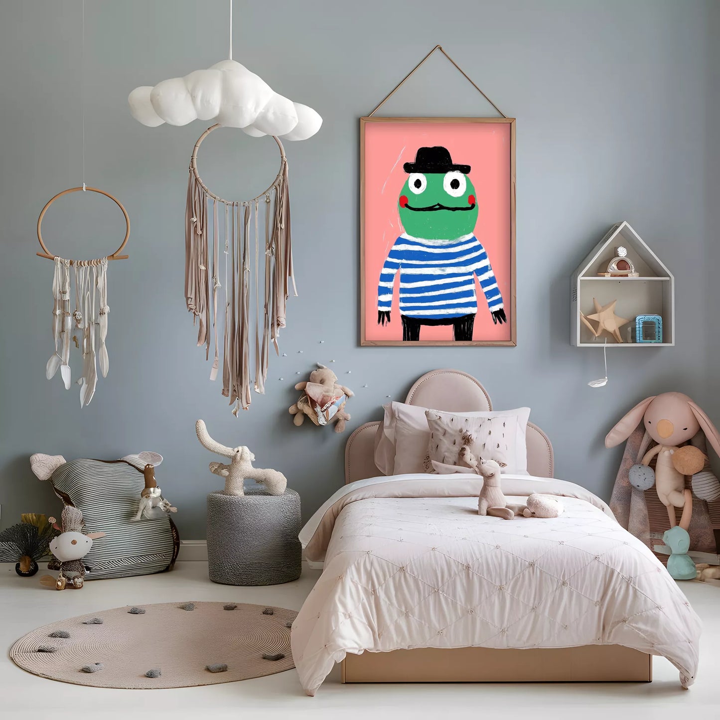 帽子をかぶったカエルとピンク背景のキッズアートポスター