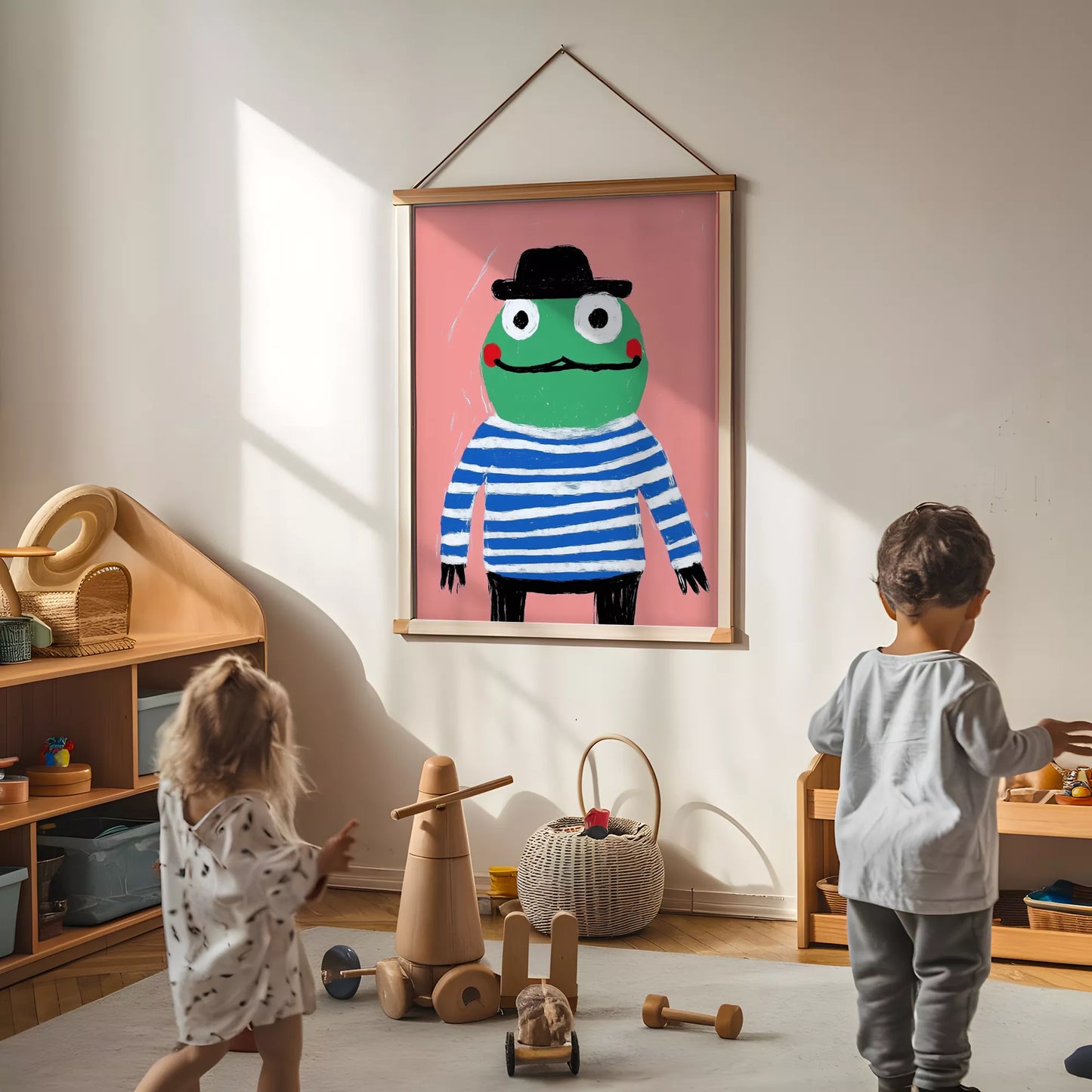 帽子をかぶったカエルとピンク背景のキッズアートポスター