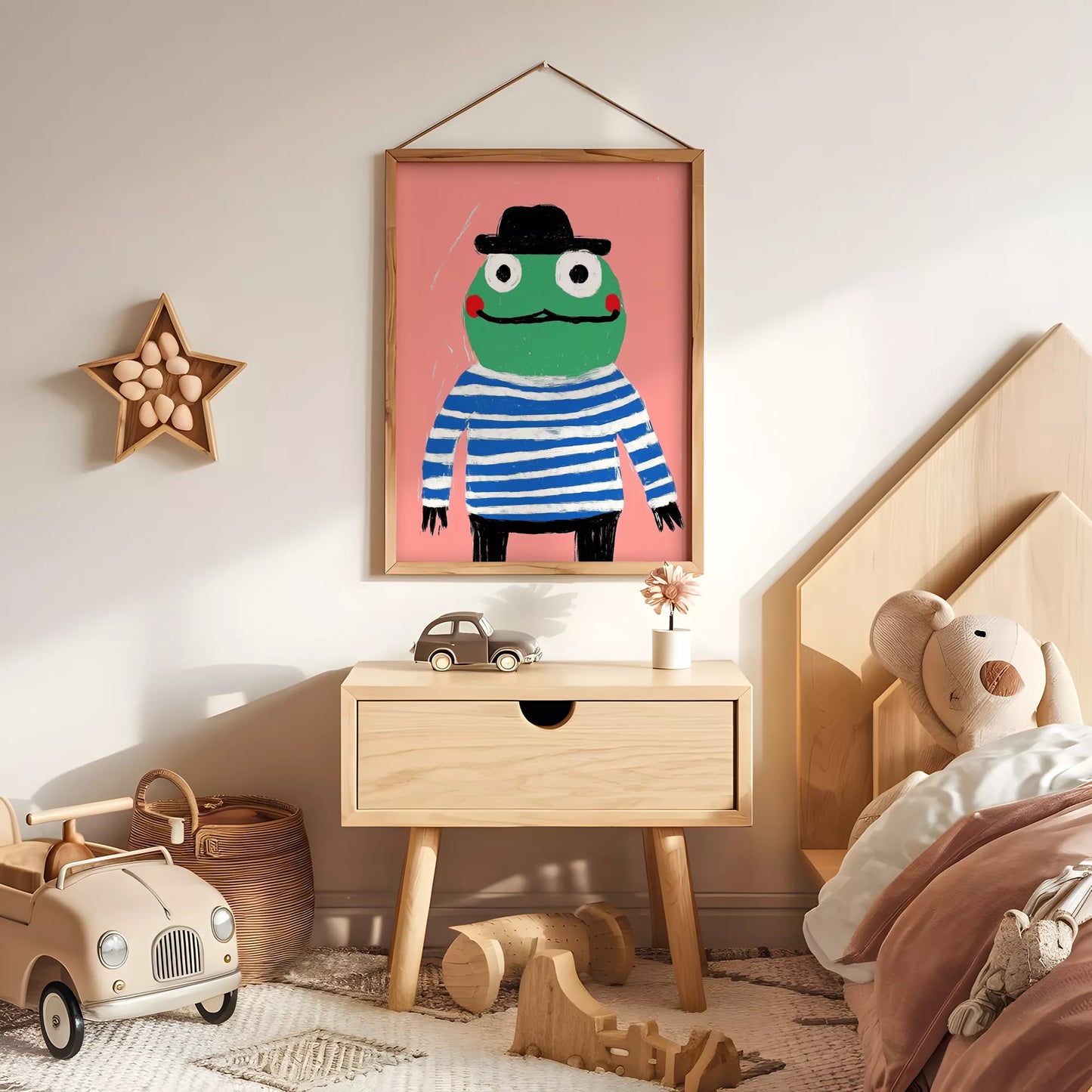 帽子をかぶったカエルとピンク背景のキッズアートポスター
