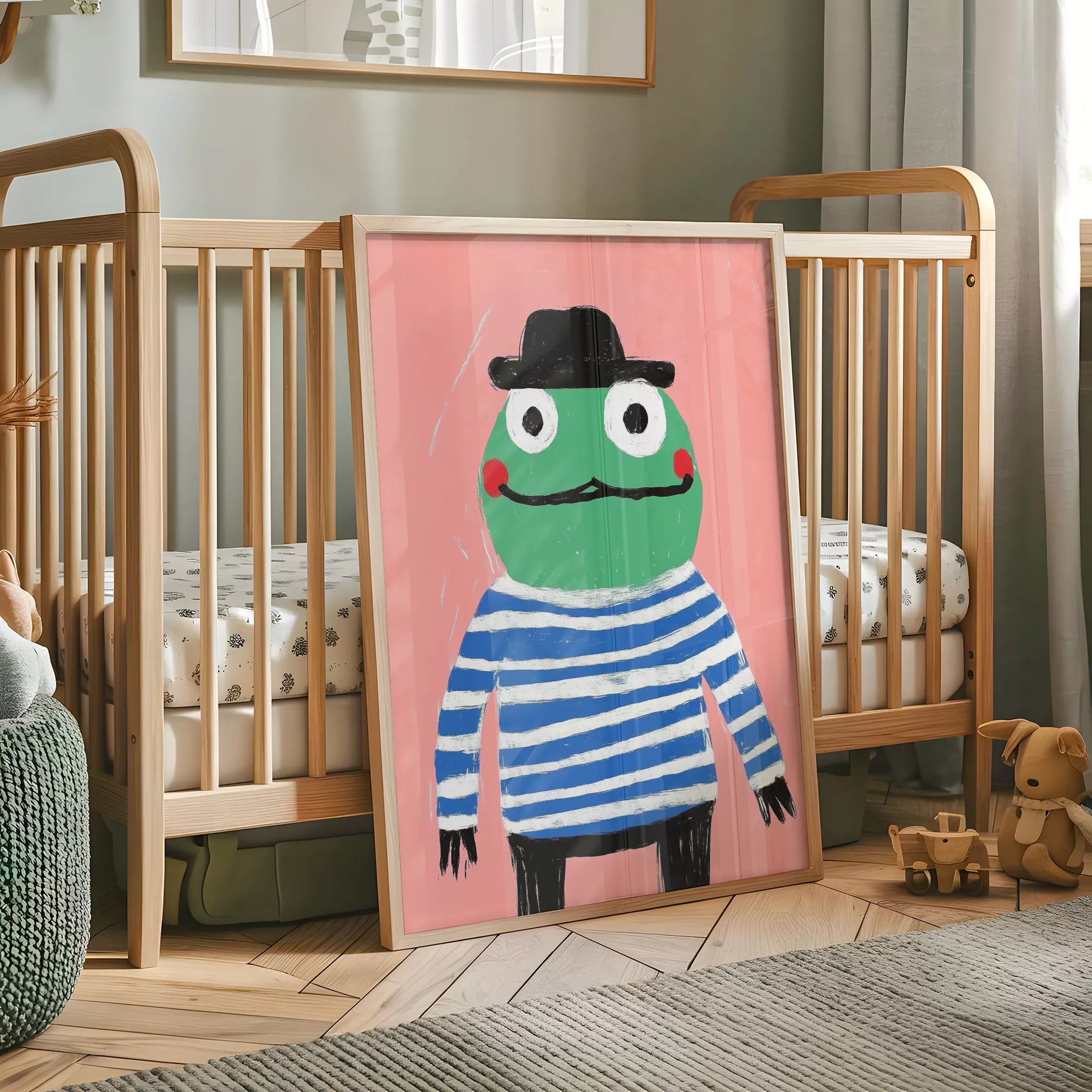 帽子をかぶったカエルとピンク背景のキッズアートポスター