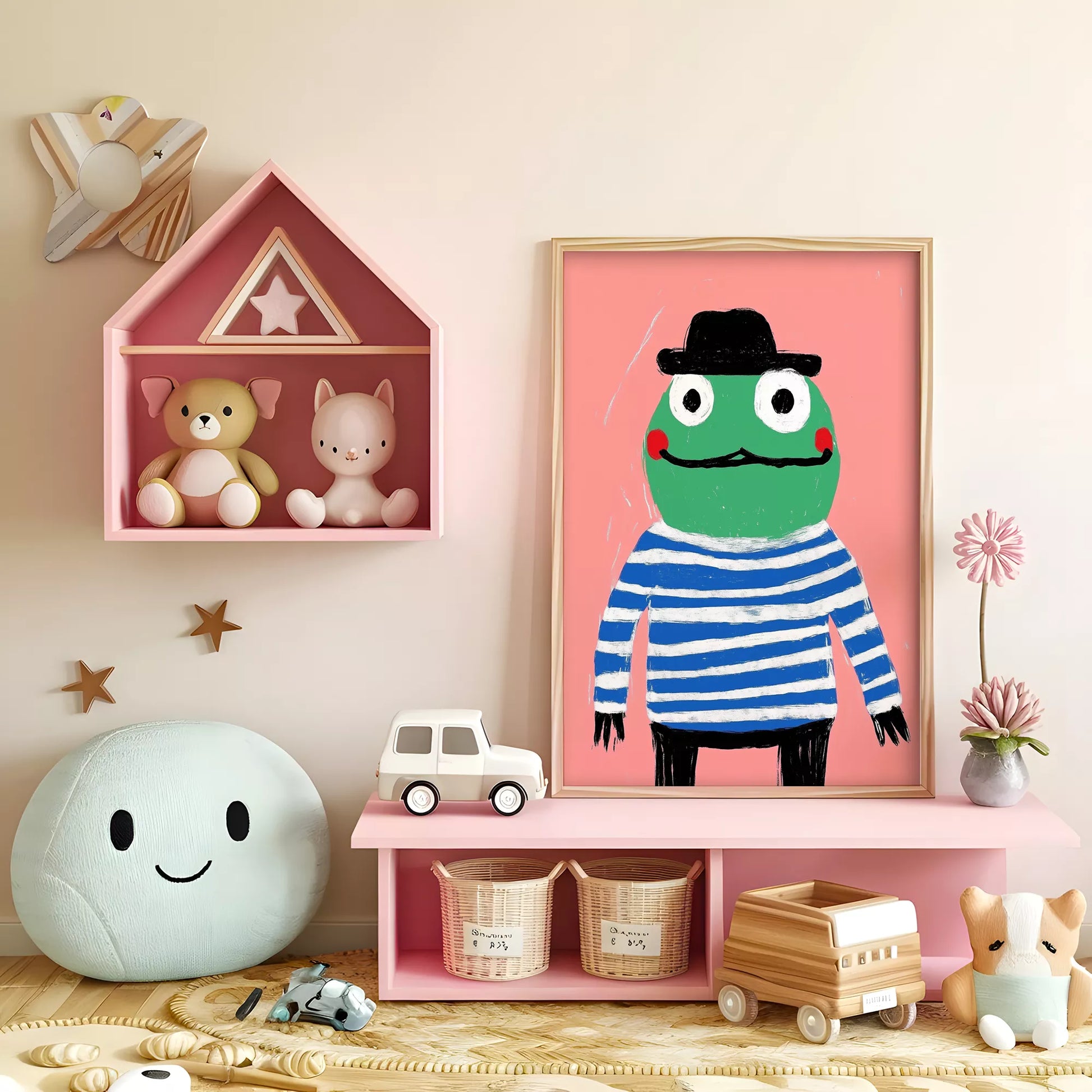 帽子をかぶったカエルとピンク背景のキッズアートポスター
