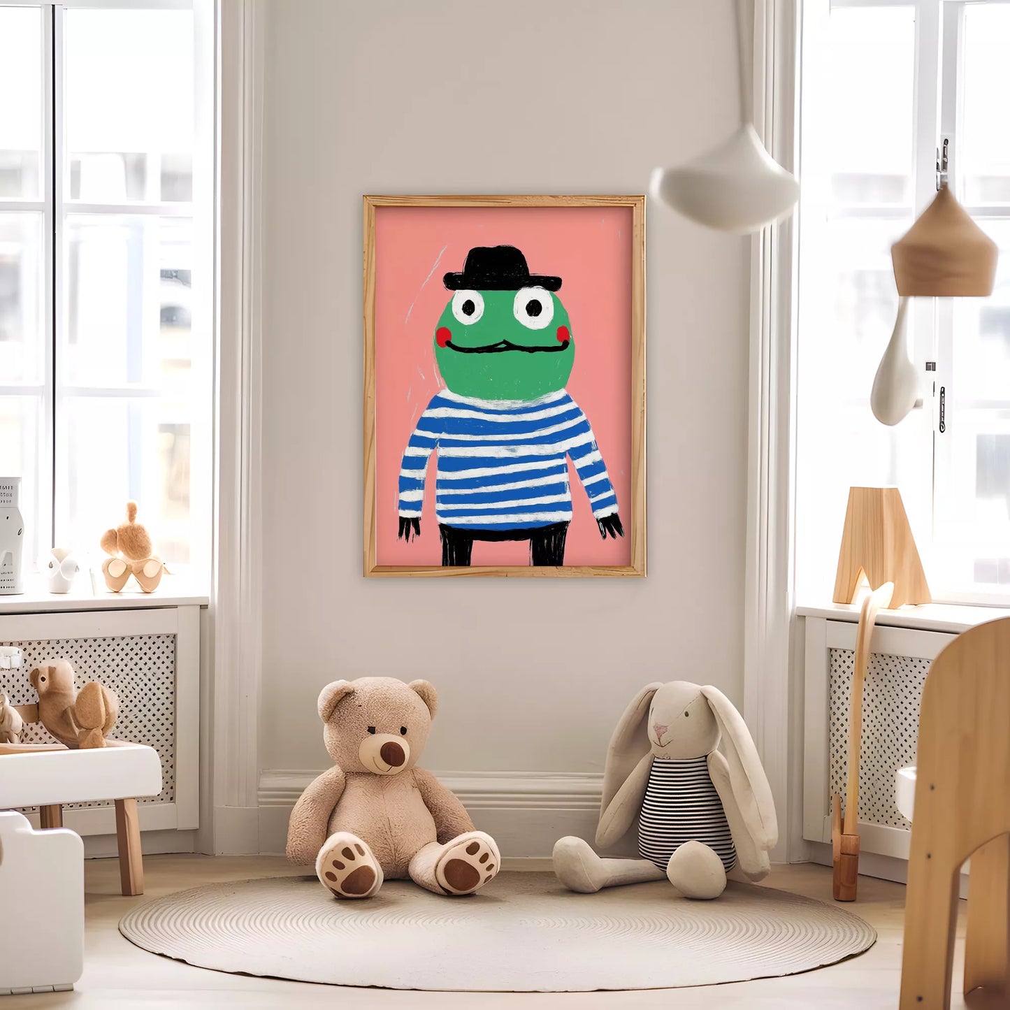 帽子をかぶったカエルとピンク背景のキッズアートポスター