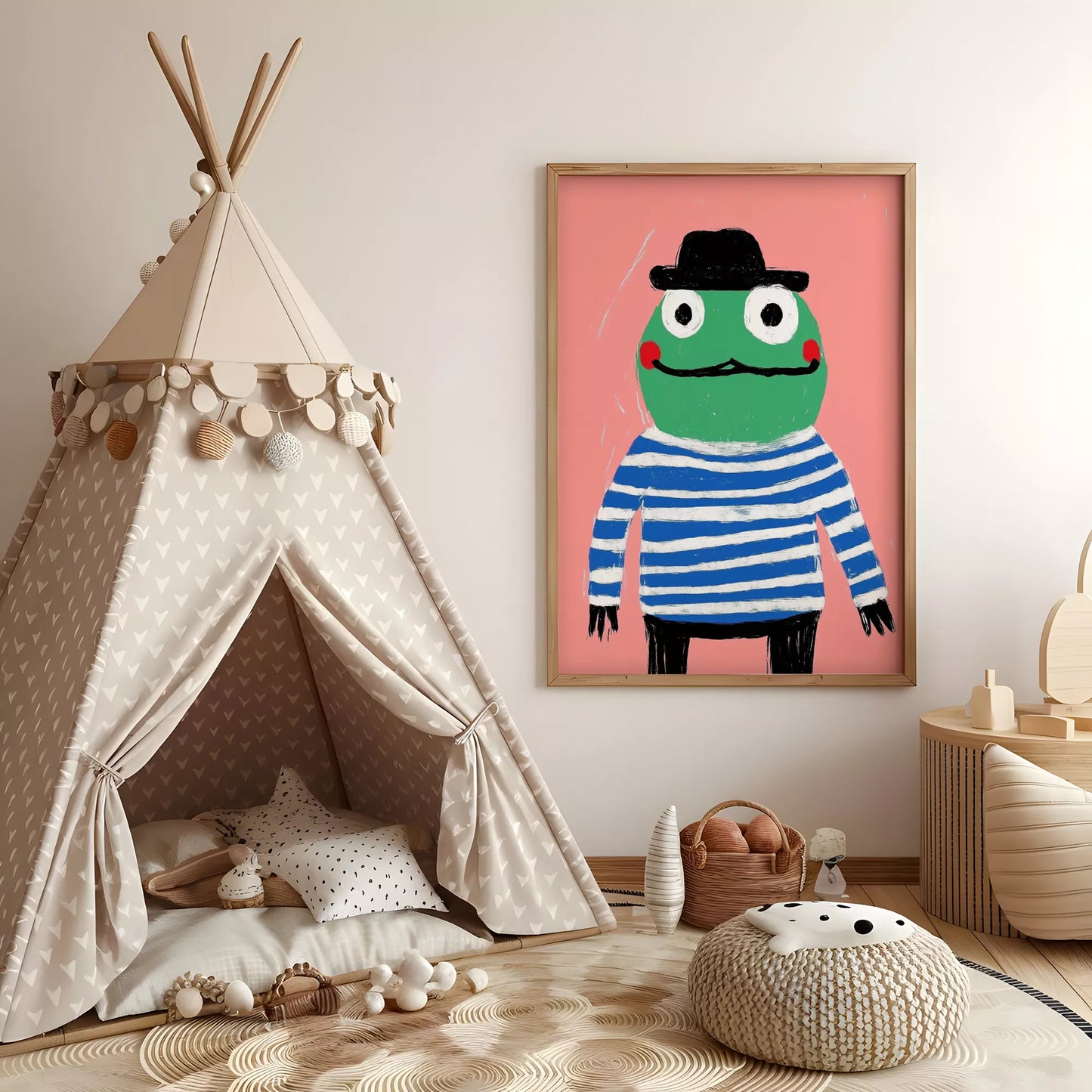 帽子をかぶったカエルとピンク背景のキッズアートポスター