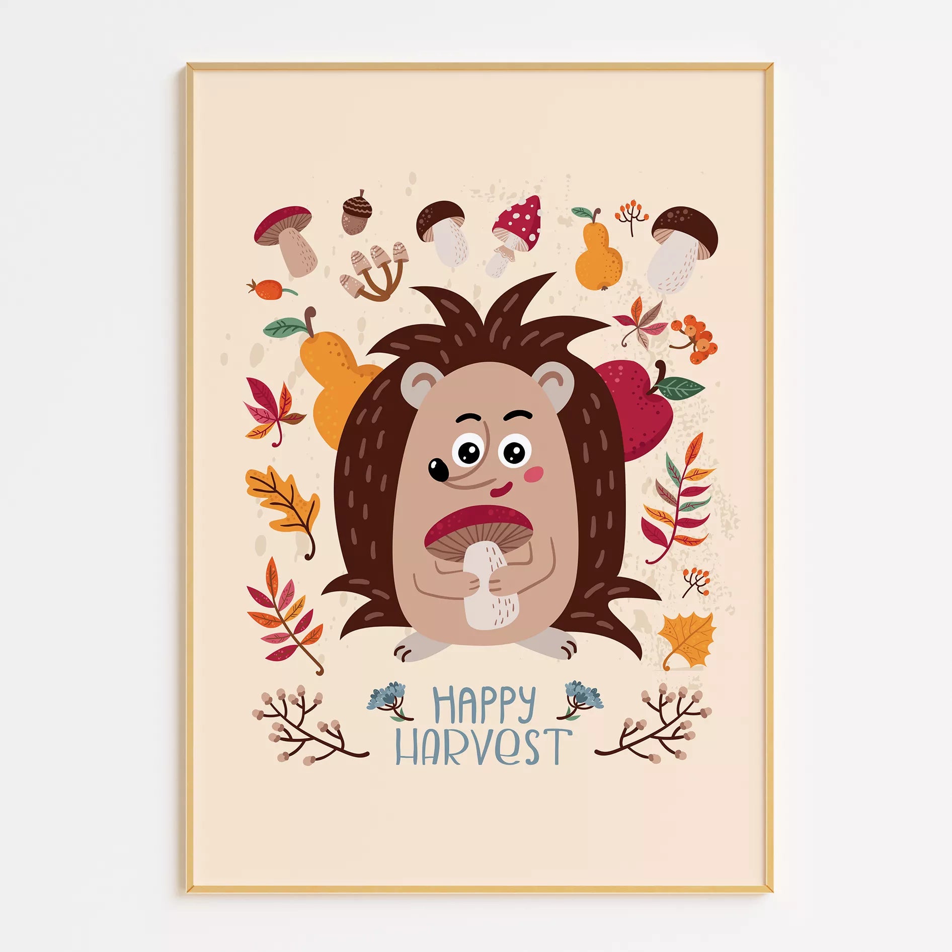 秋のハリネズミときのこのかわいいイラスト子供部屋用北欧アートポスター