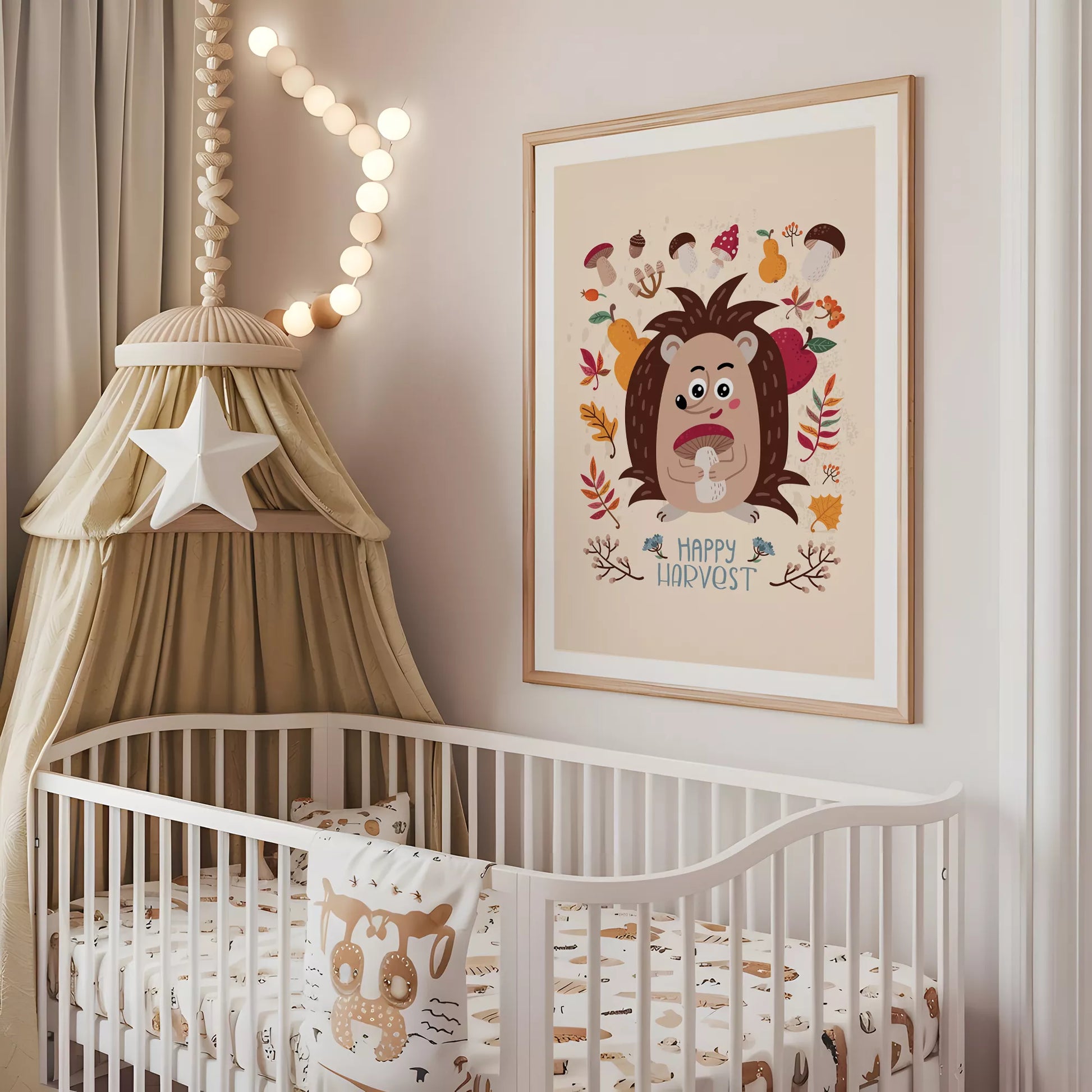 秋のハリネズミときのこのかわいいイラスト子供部屋用北欧アートポスター