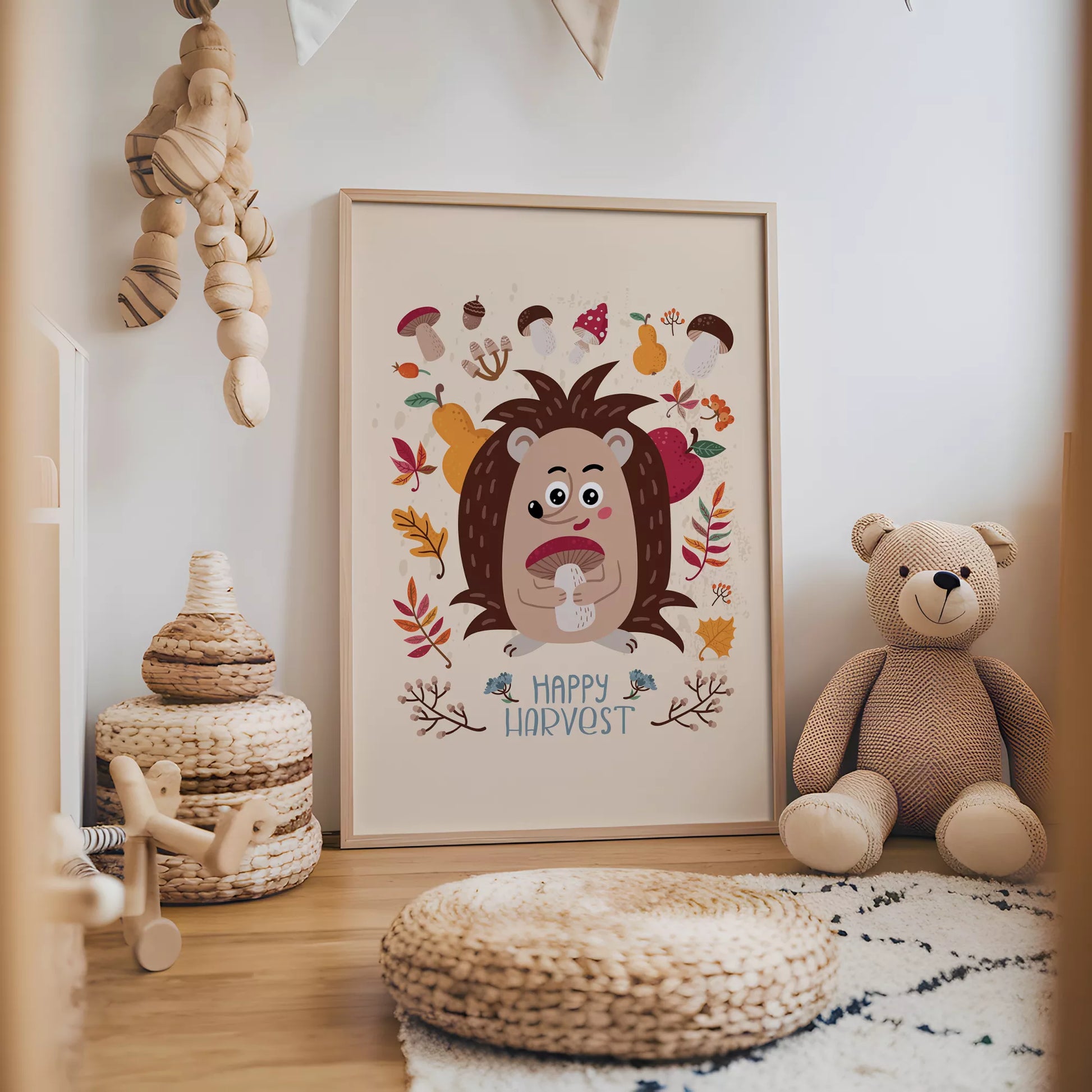 秋のハリネズミときのこのかわいいイラスト子供部屋用北欧アートポスター