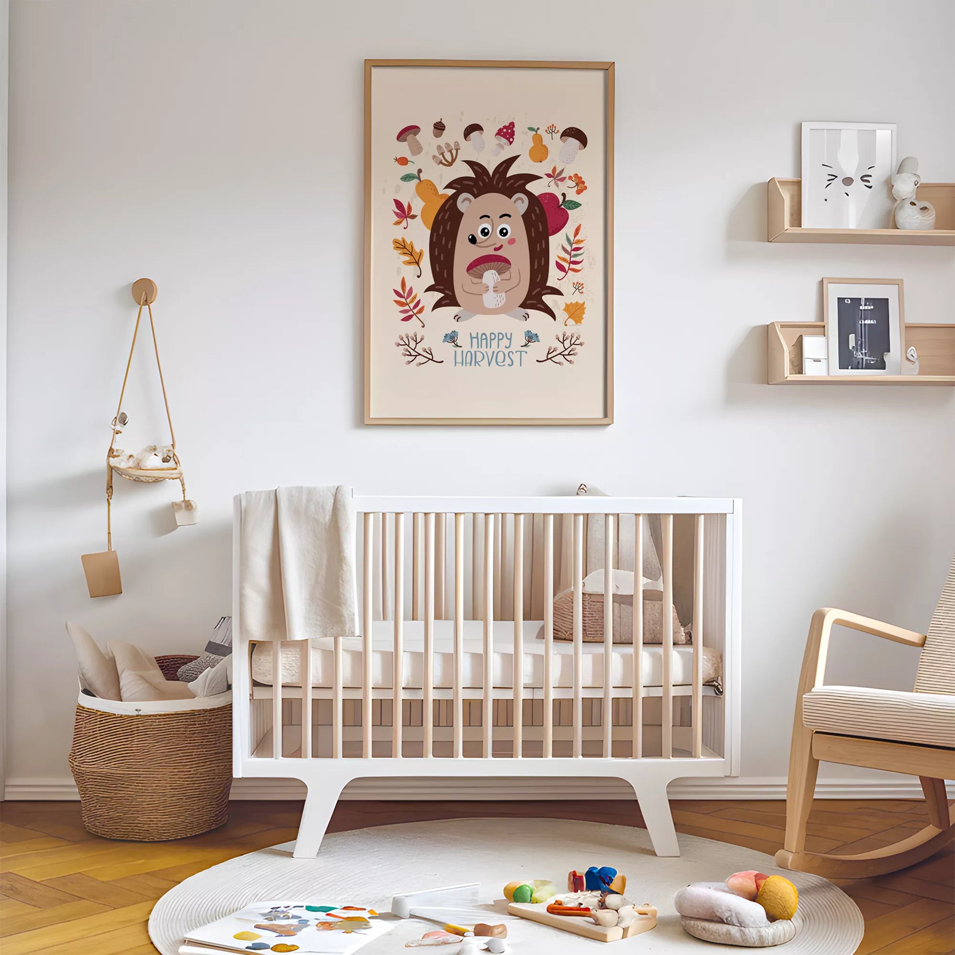 秋のハリネズミときのこのかわいいイラスト子供部屋用北欧アートポスター