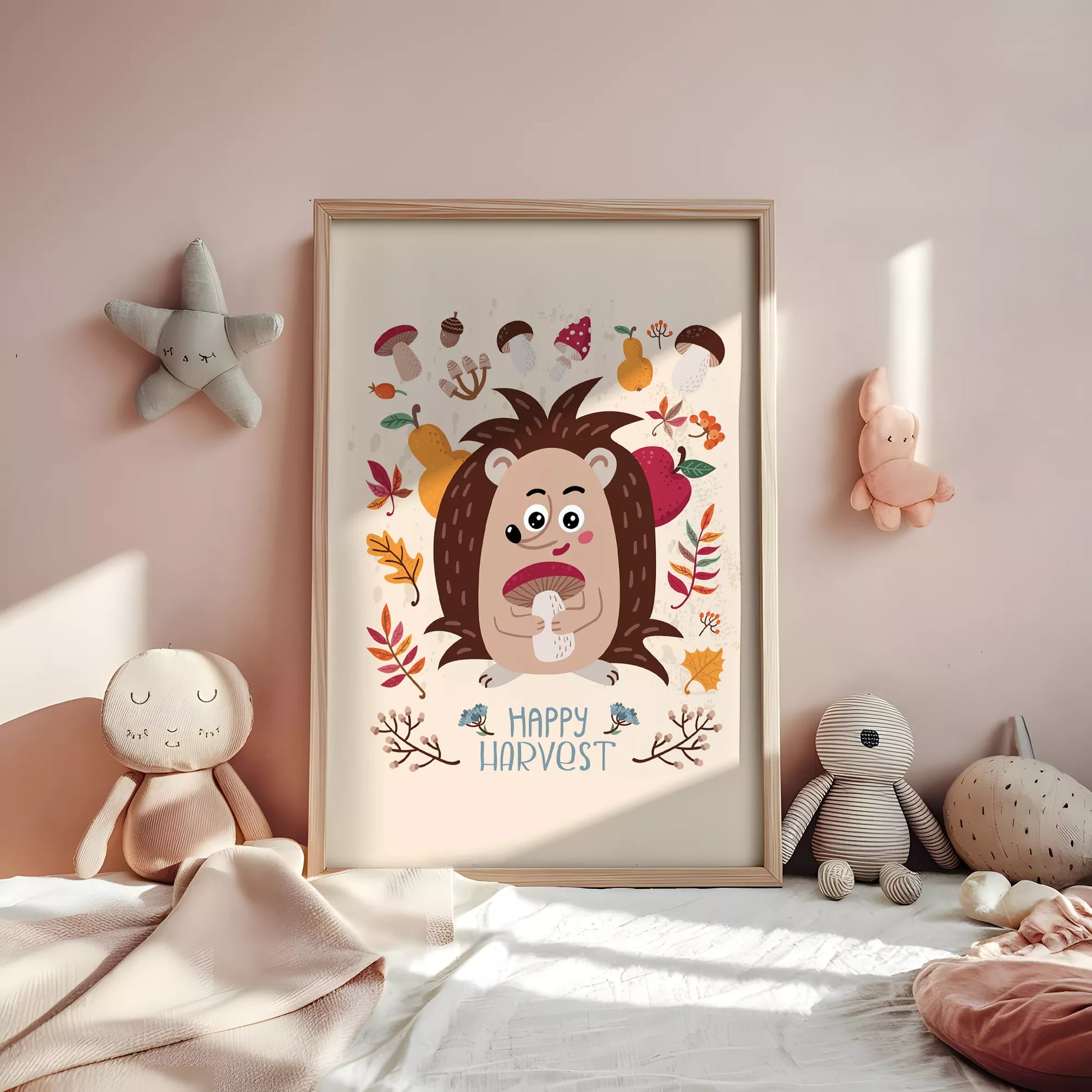 秋のハリネズミときのこのかわいいイラスト子供部屋用北欧アートポスター