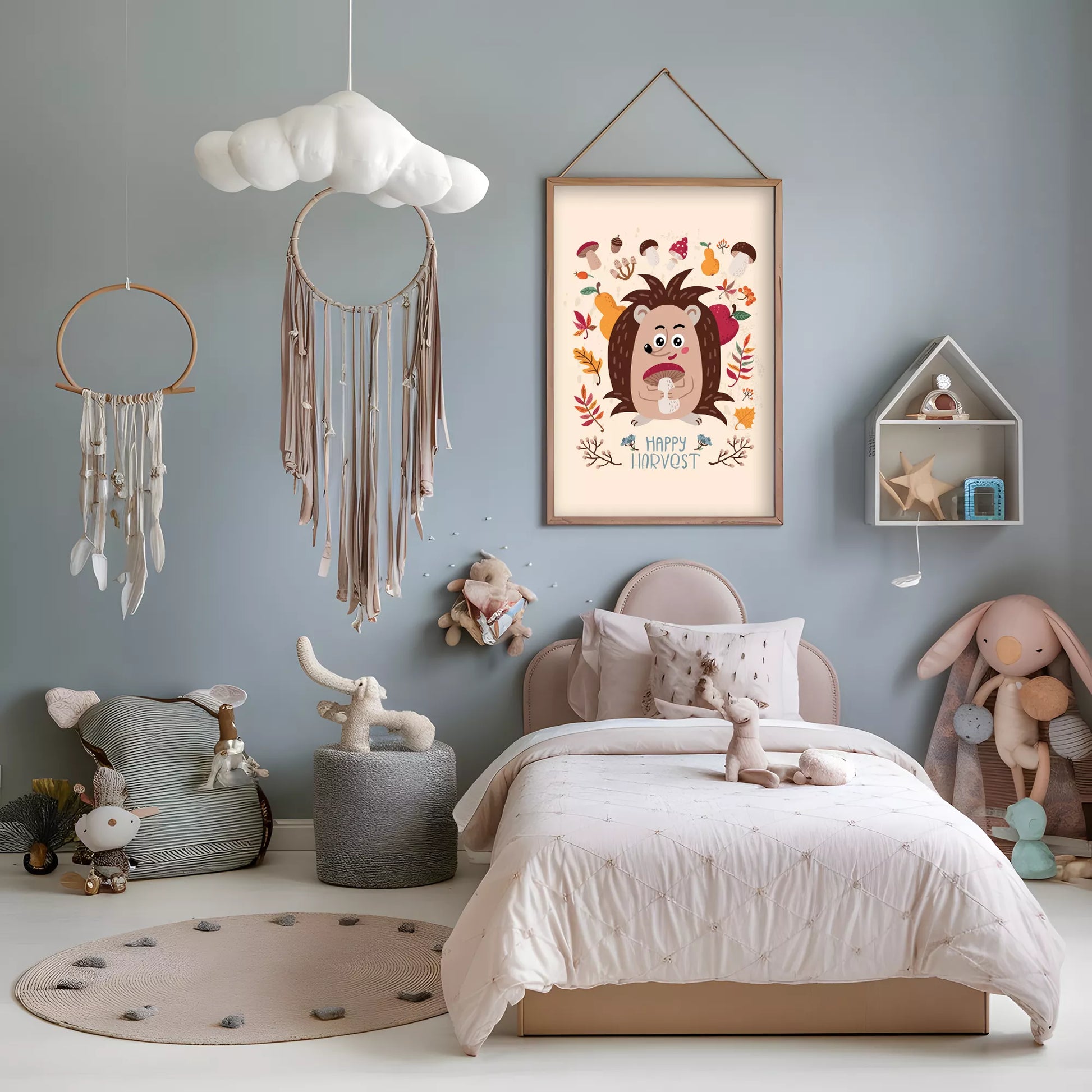 秋のハリネズミときのこのかわいいイラスト子供部屋用北欧アートポスター