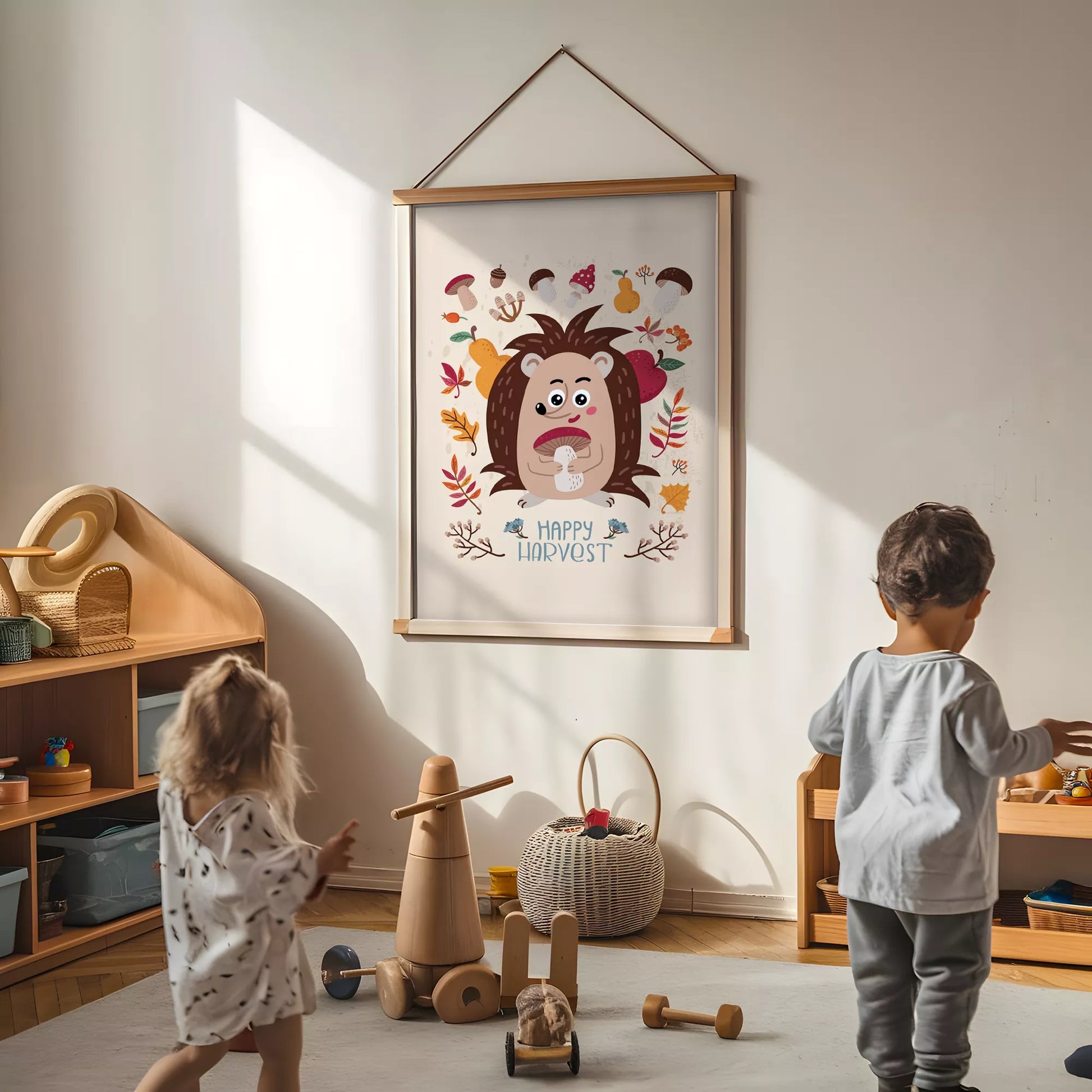 秋のハリネズミときのこのかわいいイラスト子供部屋用北欧アートポスター