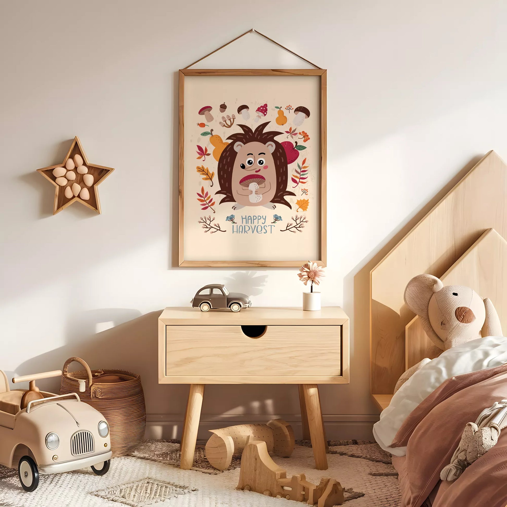 秋のハリネズミときのこのかわいいイラスト子供部屋用北欧アートポスター
