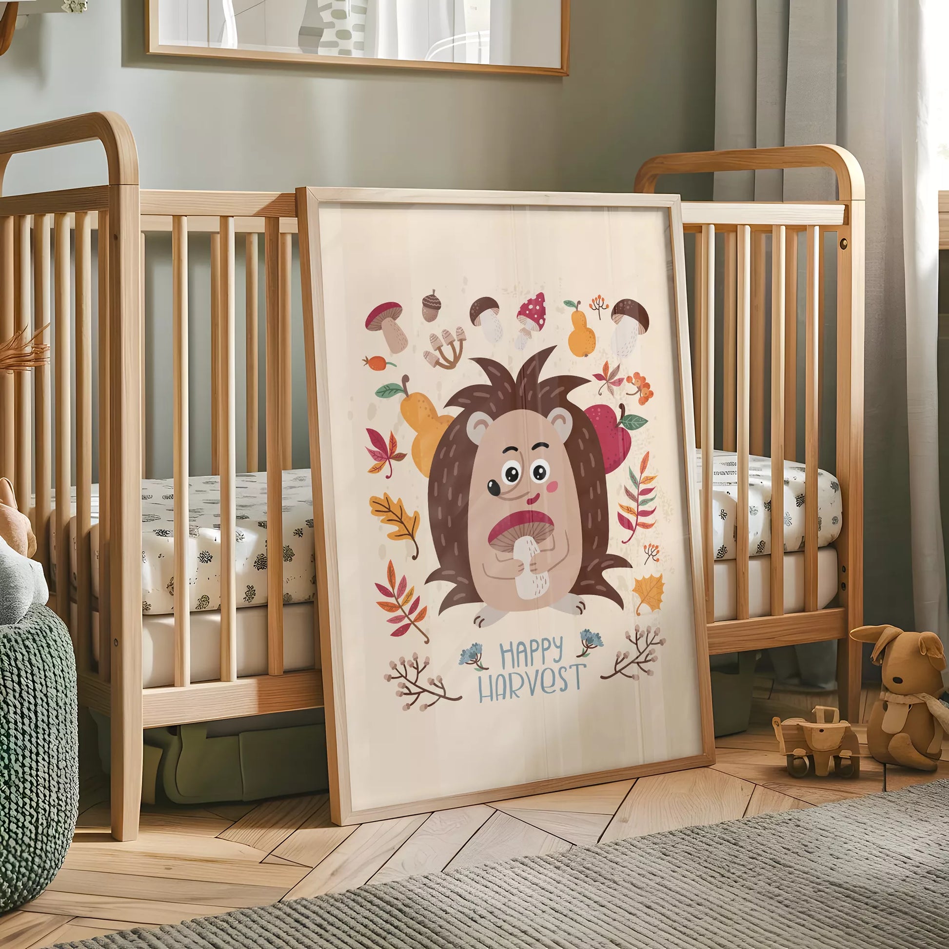 秋のハリネズミときのこのかわいいイラスト子供部屋用北欧アートポスター