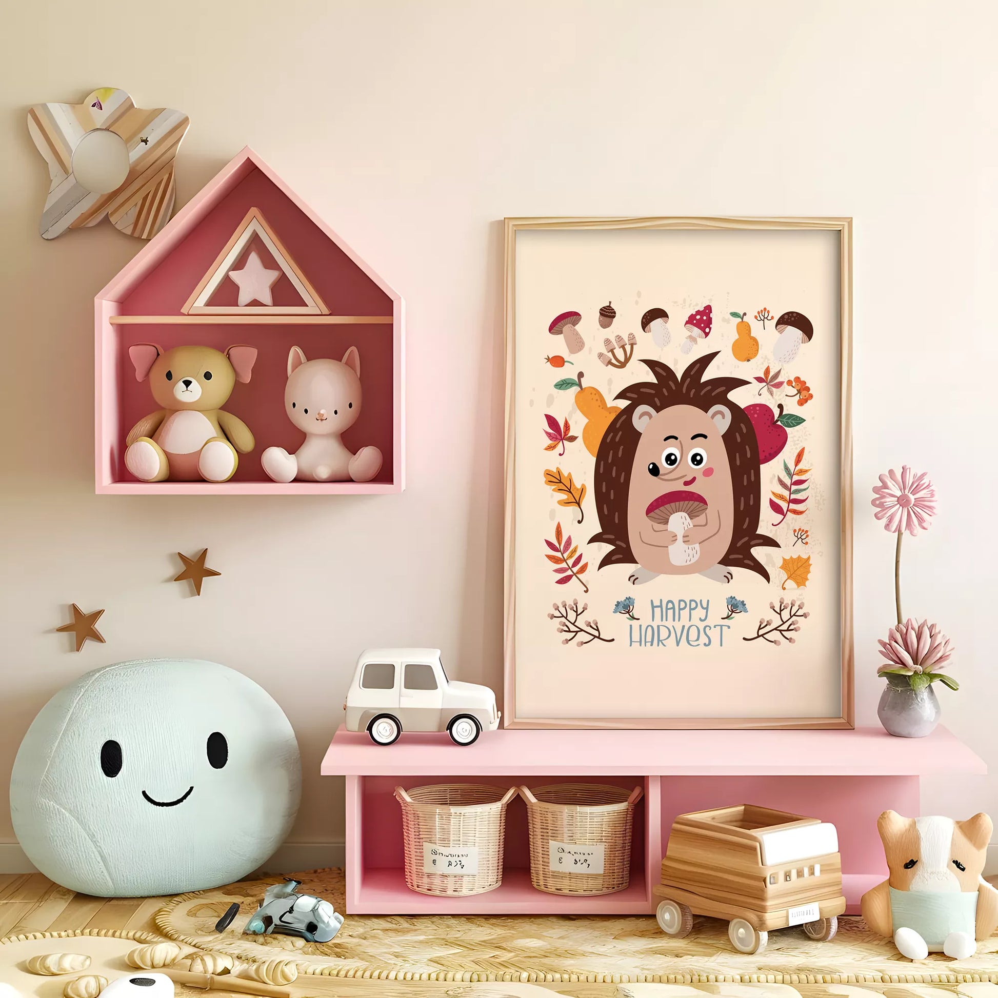 秋のハリネズミときのこのかわいいイラスト子供部屋用北欧アートポスター