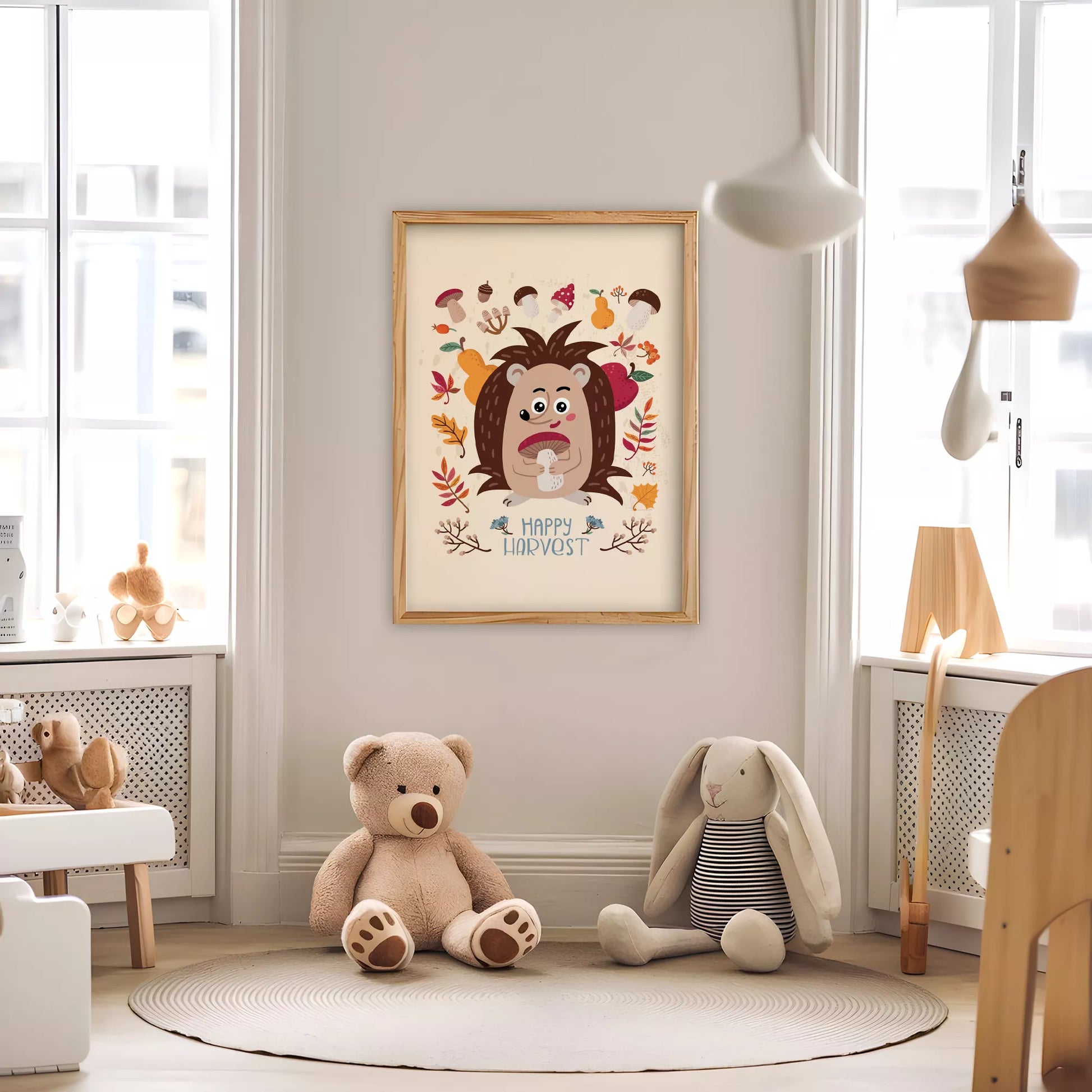 秋のハリネズミときのこのかわいいイラスト子供部屋用北欧アートポスター