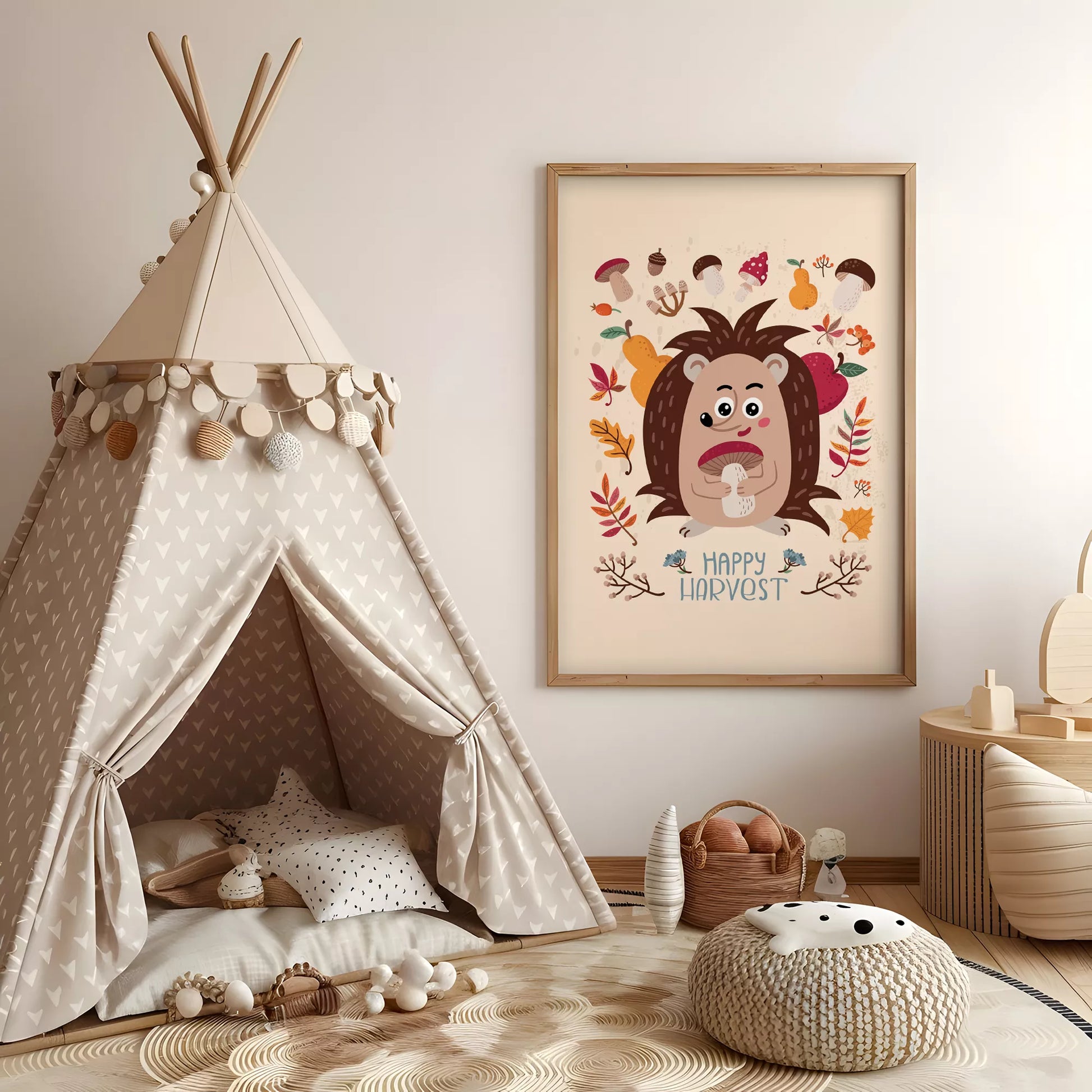 秋のハリネズミときのこのかわいいイラスト子供部屋用北欧アートポスター