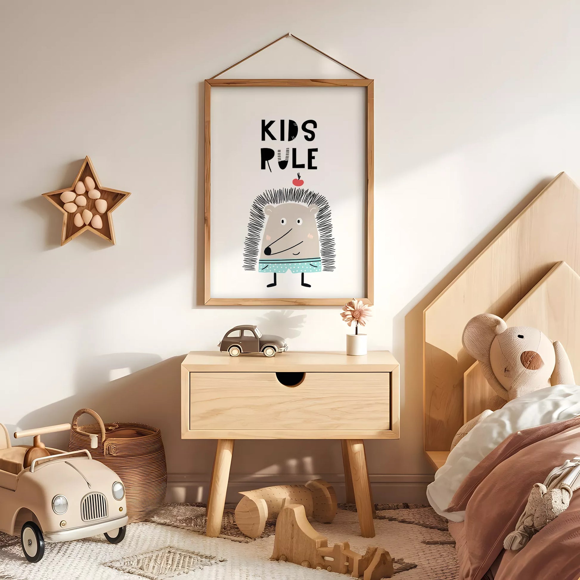 とハリネズミが描かれた北欧スタイルのアートポスター