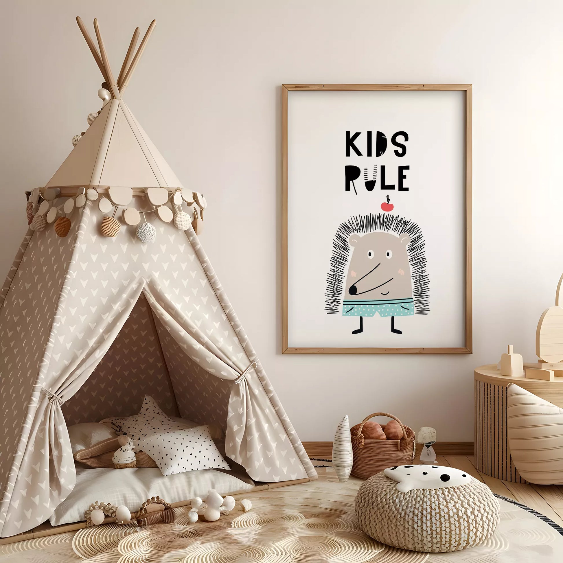 とハリネズミが描かれた北欧スタイルのアートポスター