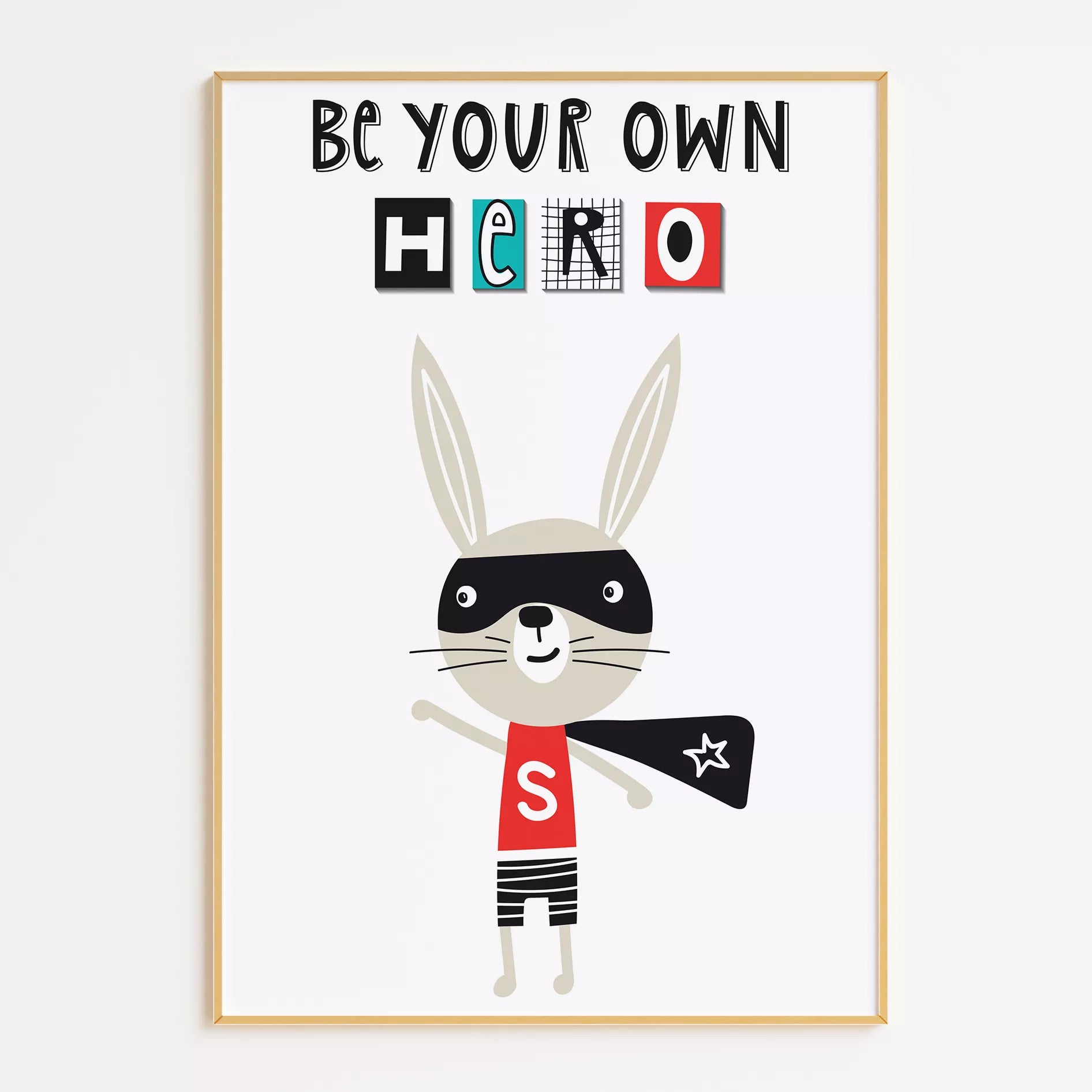 とヒーローバニーが描かれたモノクロームのキッズアートポスター