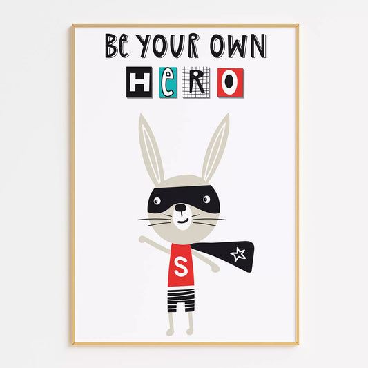 とヒーローバニーが描かれたモノクロームのキッズアートポスター
