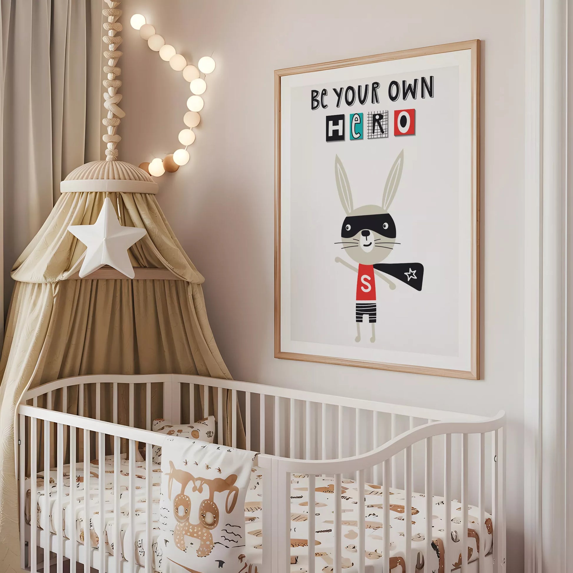 とヒーローバニーが描かれたモノクロームのキッズアートポスター