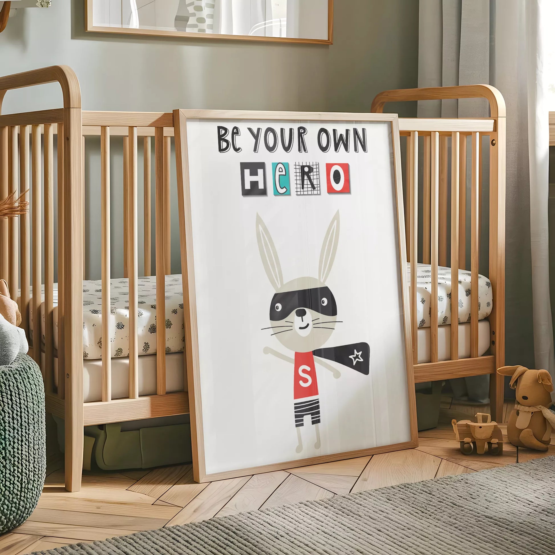 とヒーローバニーが描かれたモノクロームのキッズアートポスター