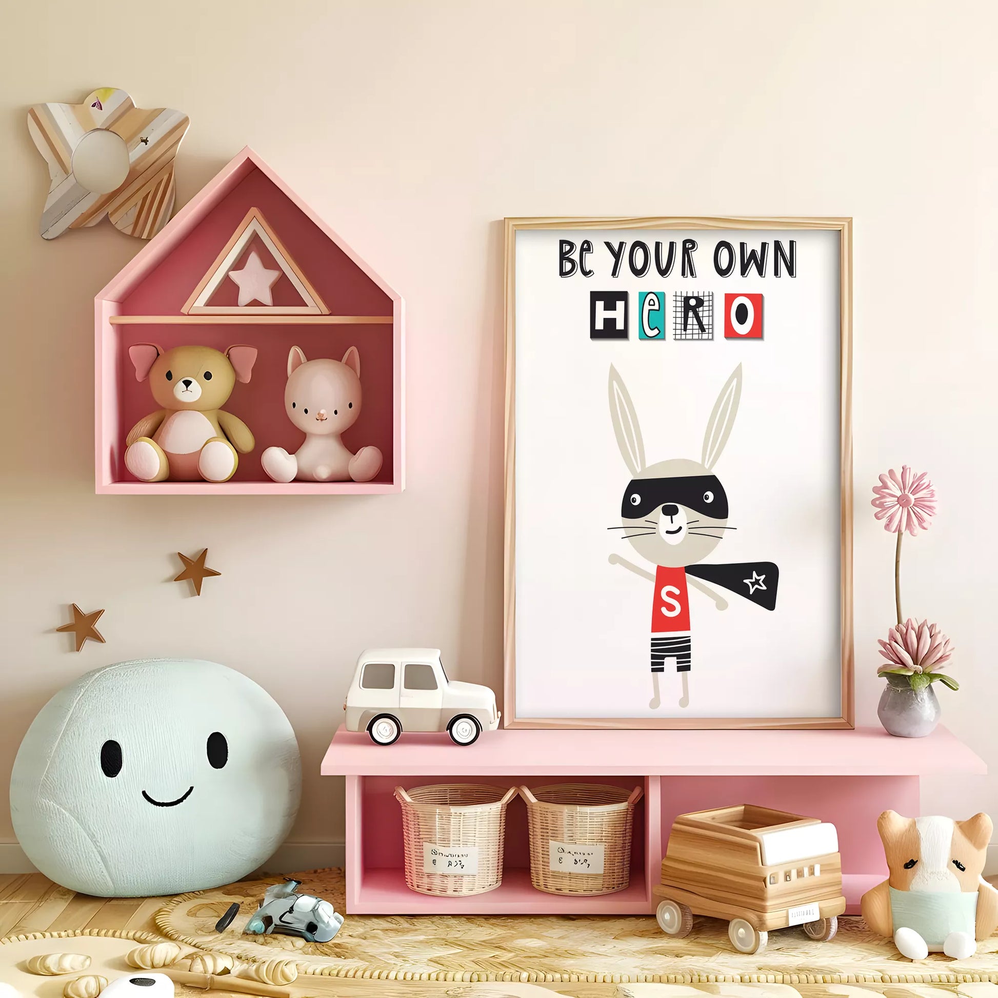 とヒーローバニーが描かれたモノクロームのキッズアートポスター