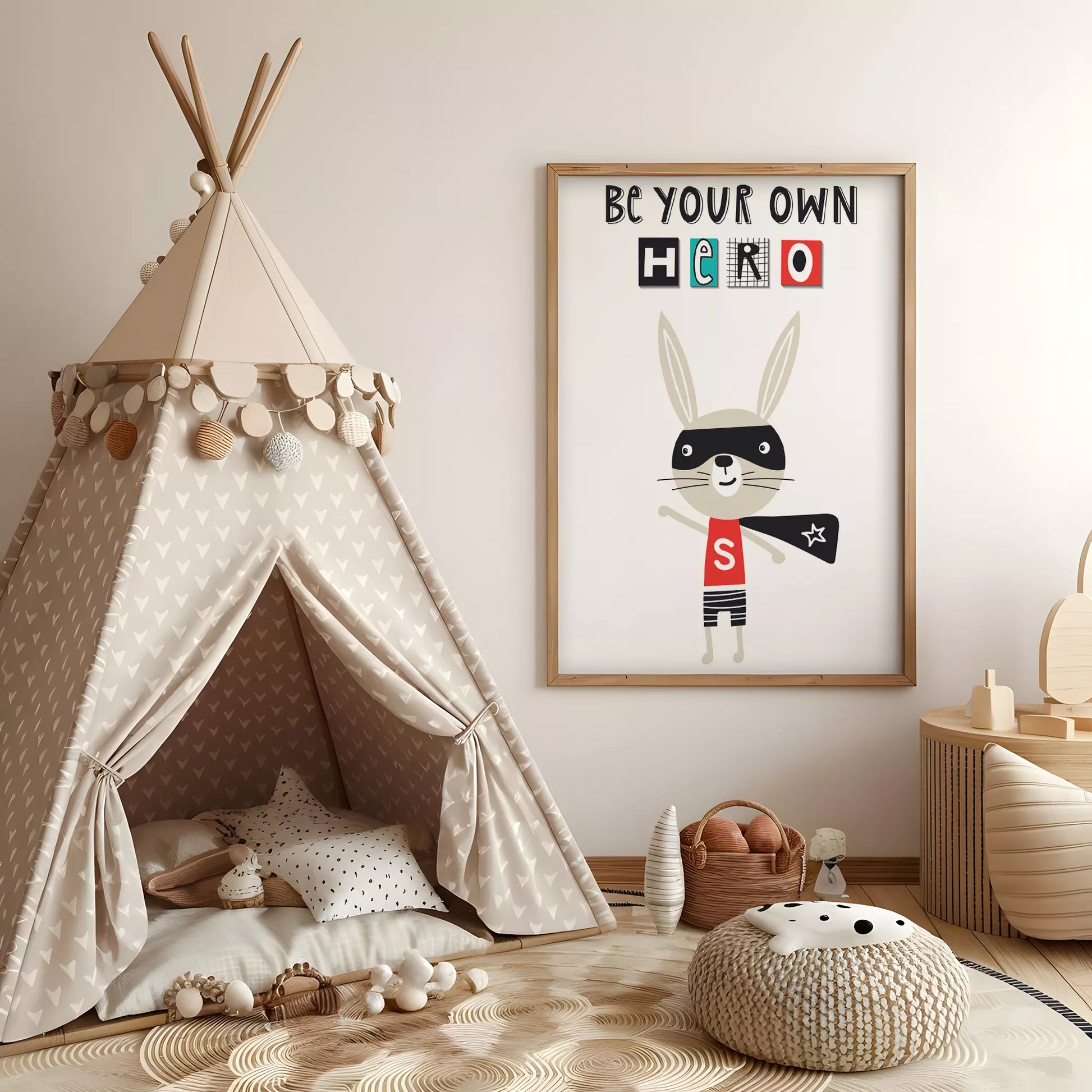 とヒーローバニーが描かれたモノクロームのキッズアートポスター