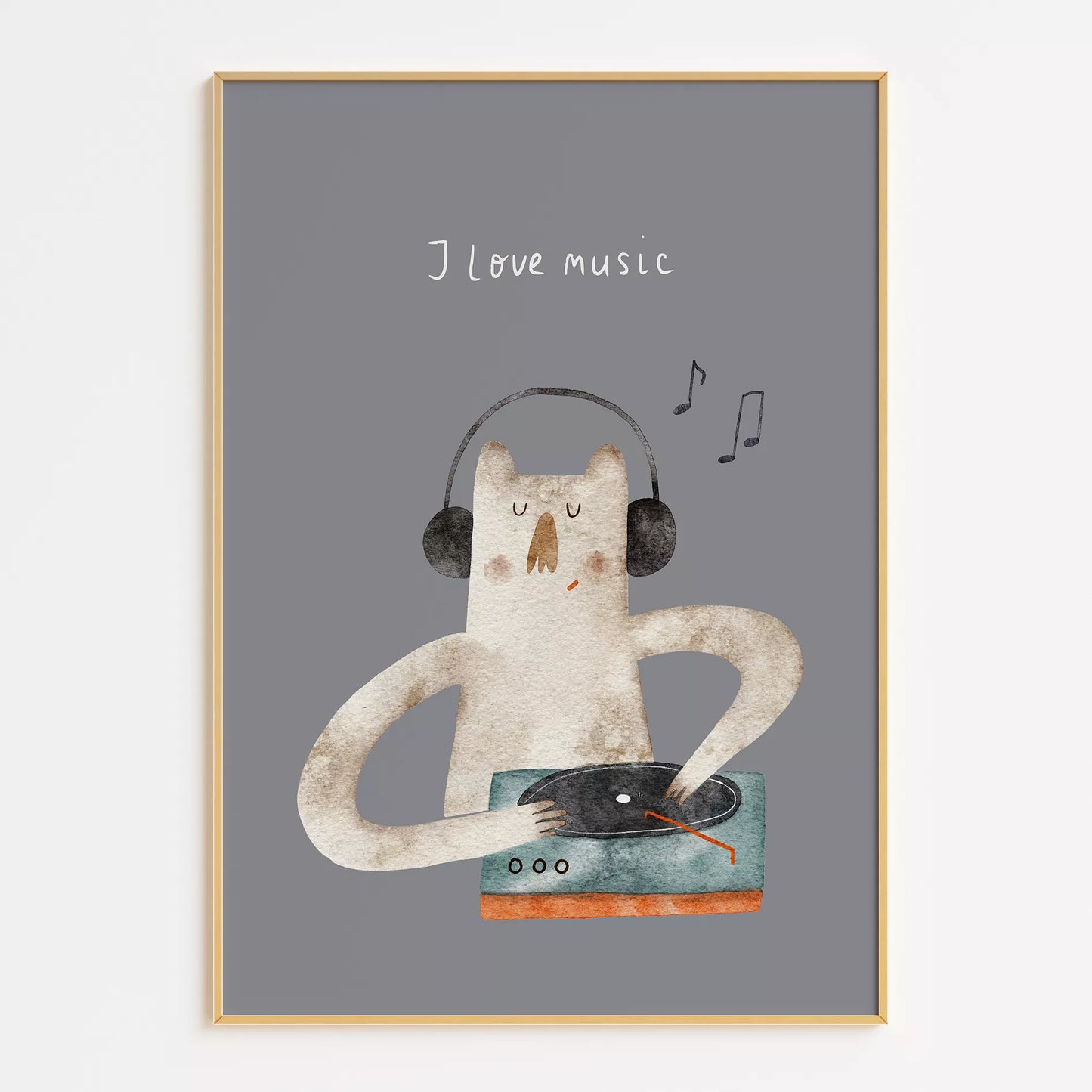 子供向け北欧スタイルのミュージックキャットアートポスター、「I love music」のメッセージ付き壁掛け装飾