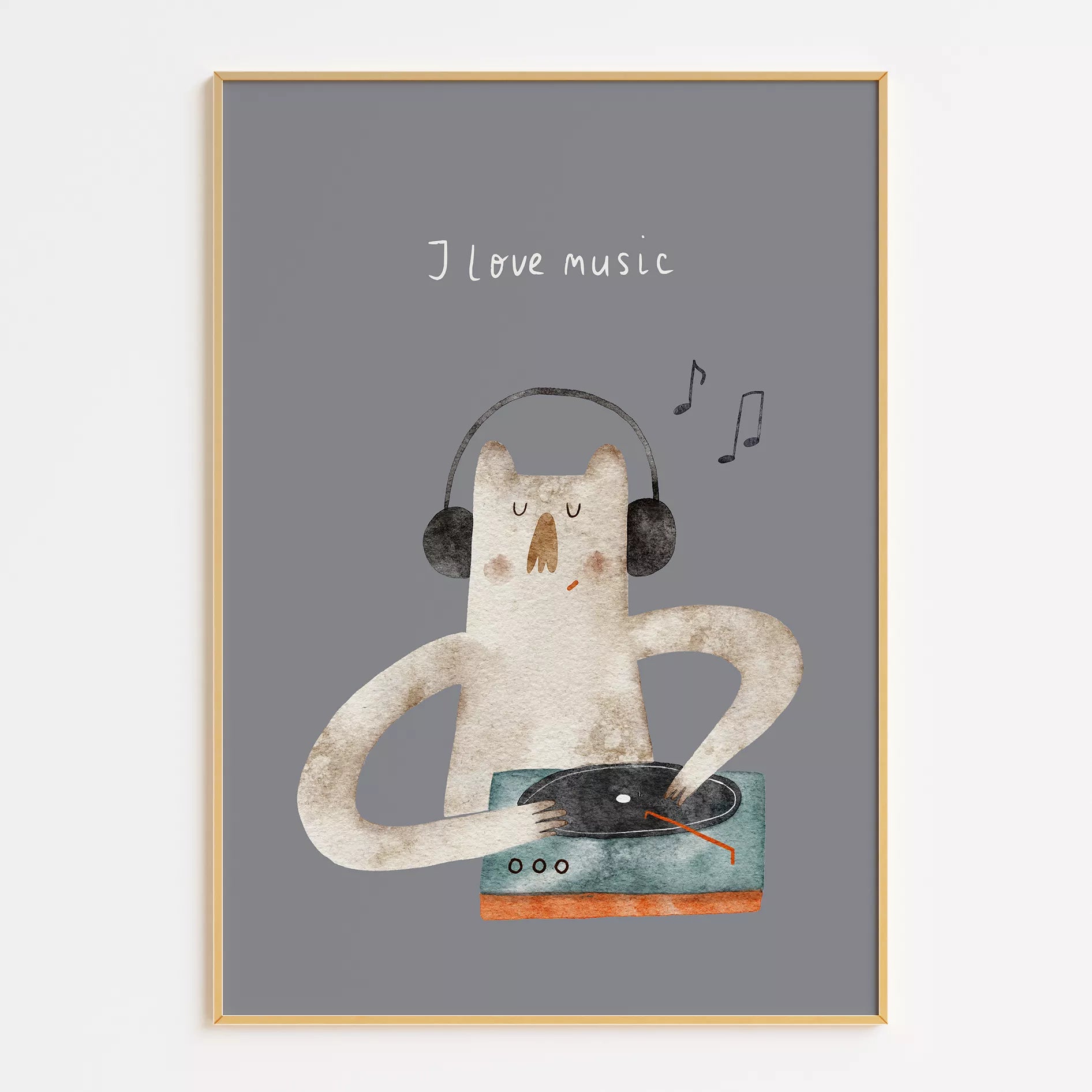 子供向け北欧スタイルのミュージックキャットアートポスター、「I love music」のメッセージ付き壁掛け装飾