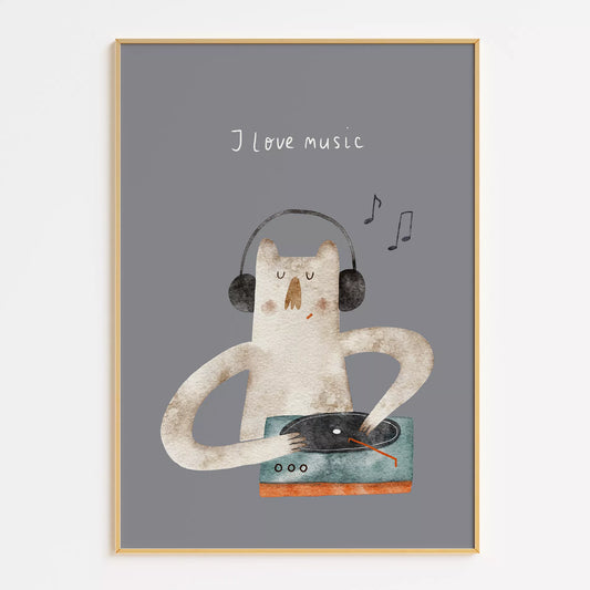 子供向け北欧スタイルのミュージックキャットアートポスター、「I love music」のメッセージ付き壁掛け装飾