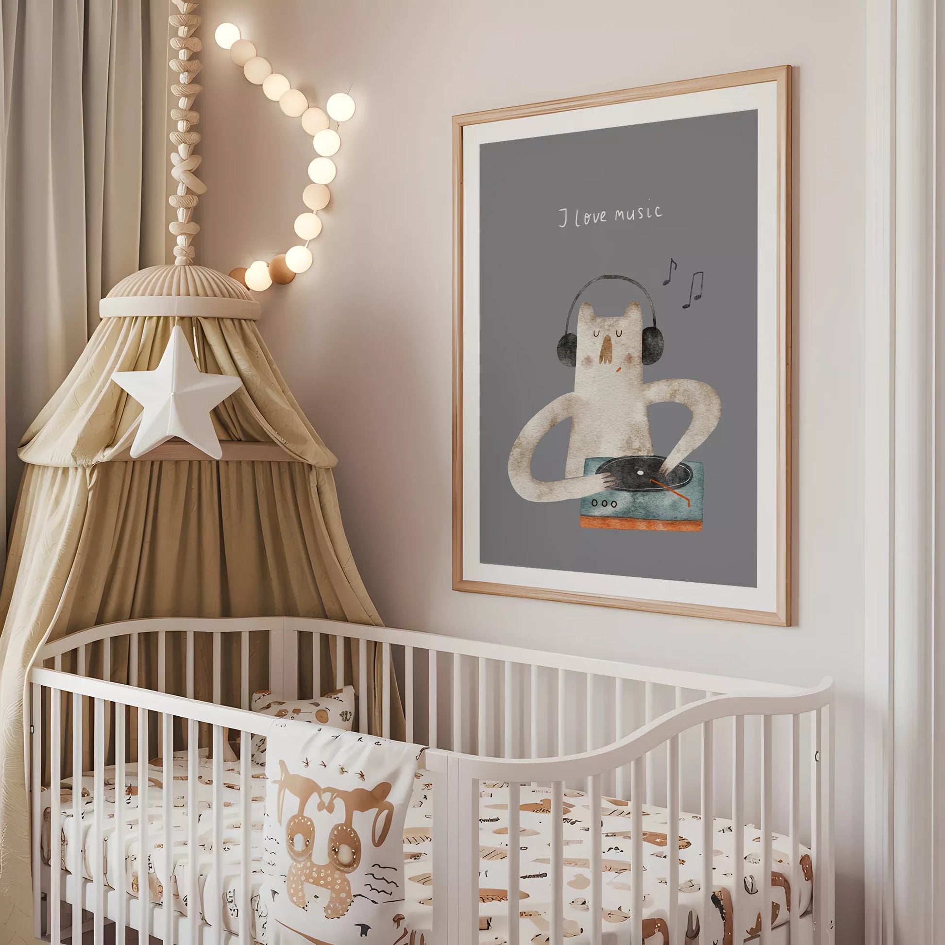 子供向け北欧スタイルのミュージックキャットアートポスター、「I love music」のメッセージ付き壁掛け装飾