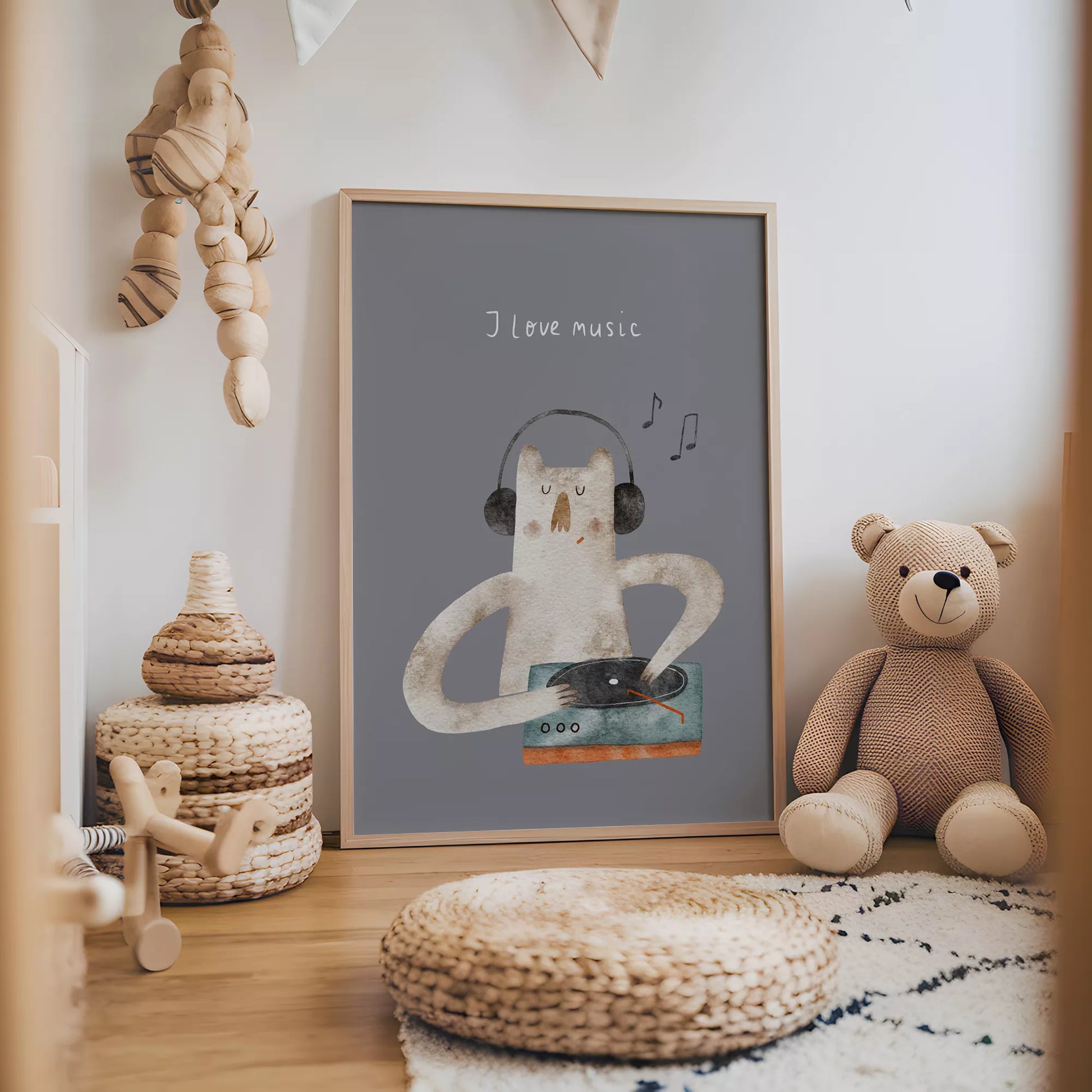 子供向け北欧スタイルのミュージックキャットアートポスター、「I love music」のメッセージ付き壁掛け装飾