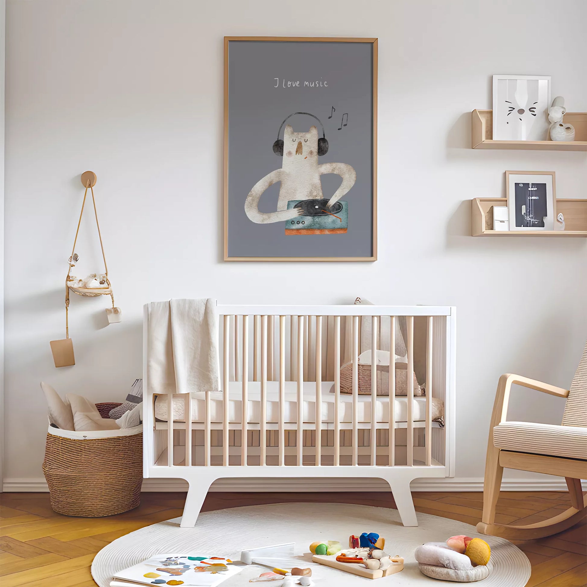 子供向け北欧スタイルのミュージックキャットアートポスター、「I love music」のメッセージ付き壁掛け装飾