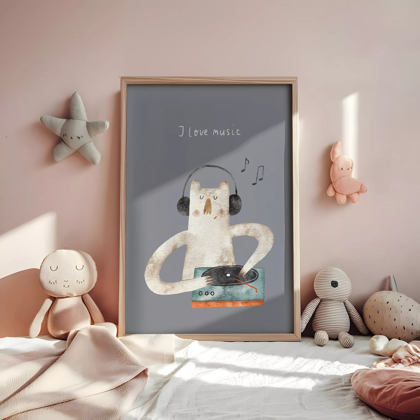 子供向け北欧スタイルのミュージックキャットアートポスター、「I love music」のメッセージ付き壁掛け装飾