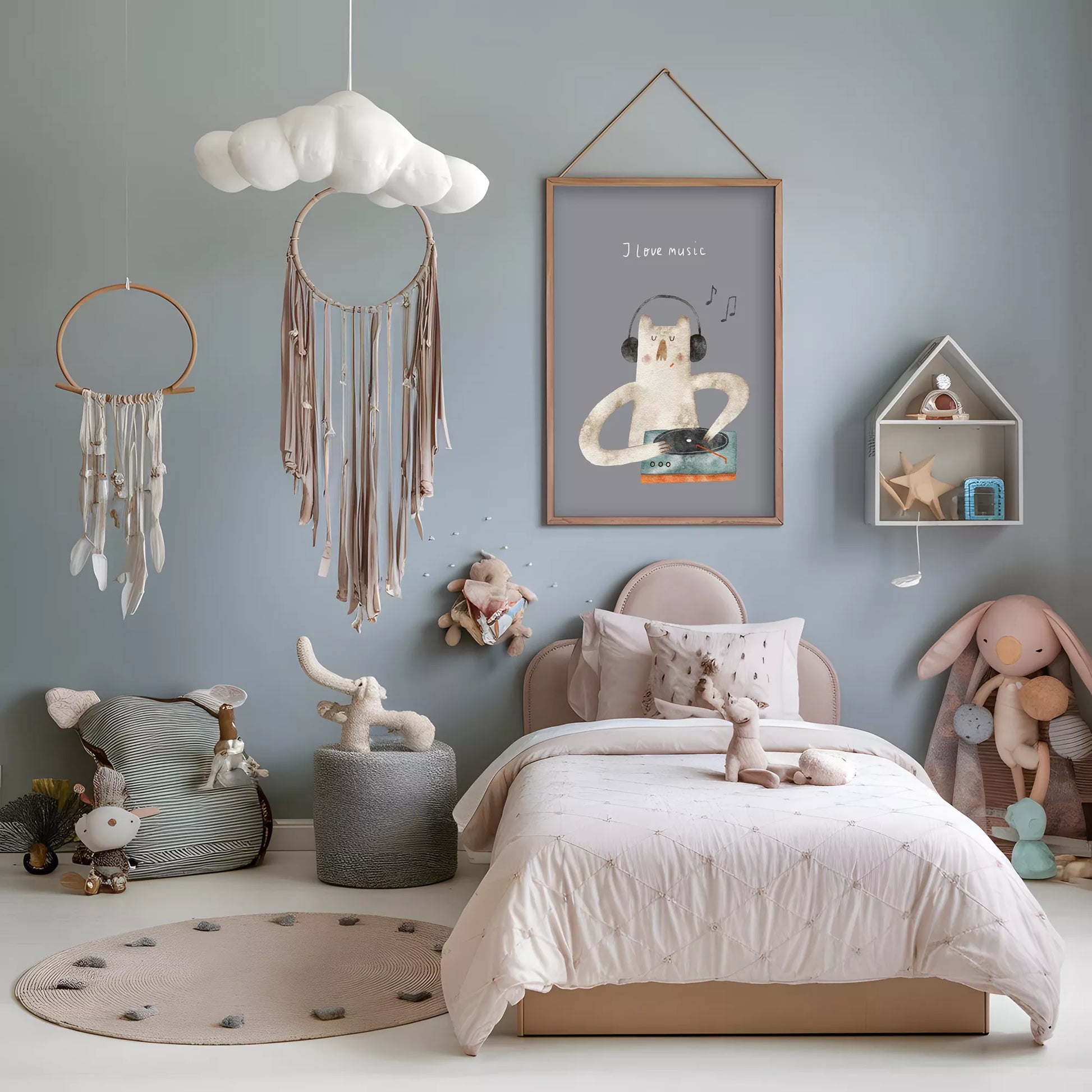 子供向け北欧スタイルのミュージックキャットアートポスター、「I love music」のメッセージ付き壁掛け装飾