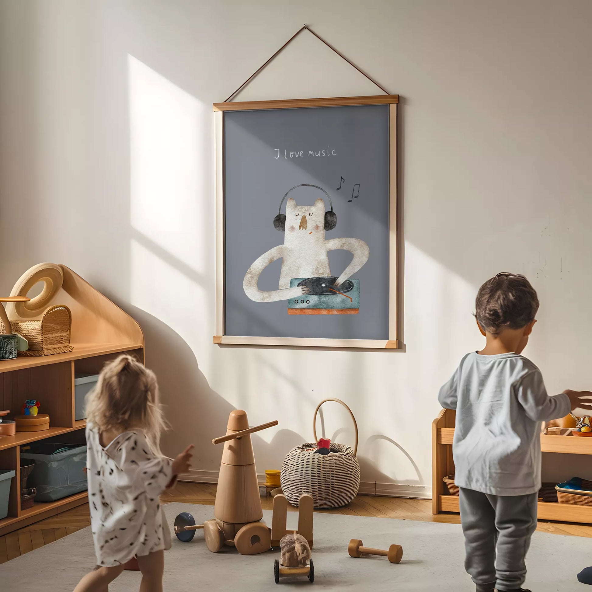 子供向け北欧スタイルのミュージックキャットアートポスター、「I love music」のメッセージ付き壁掛け装飾