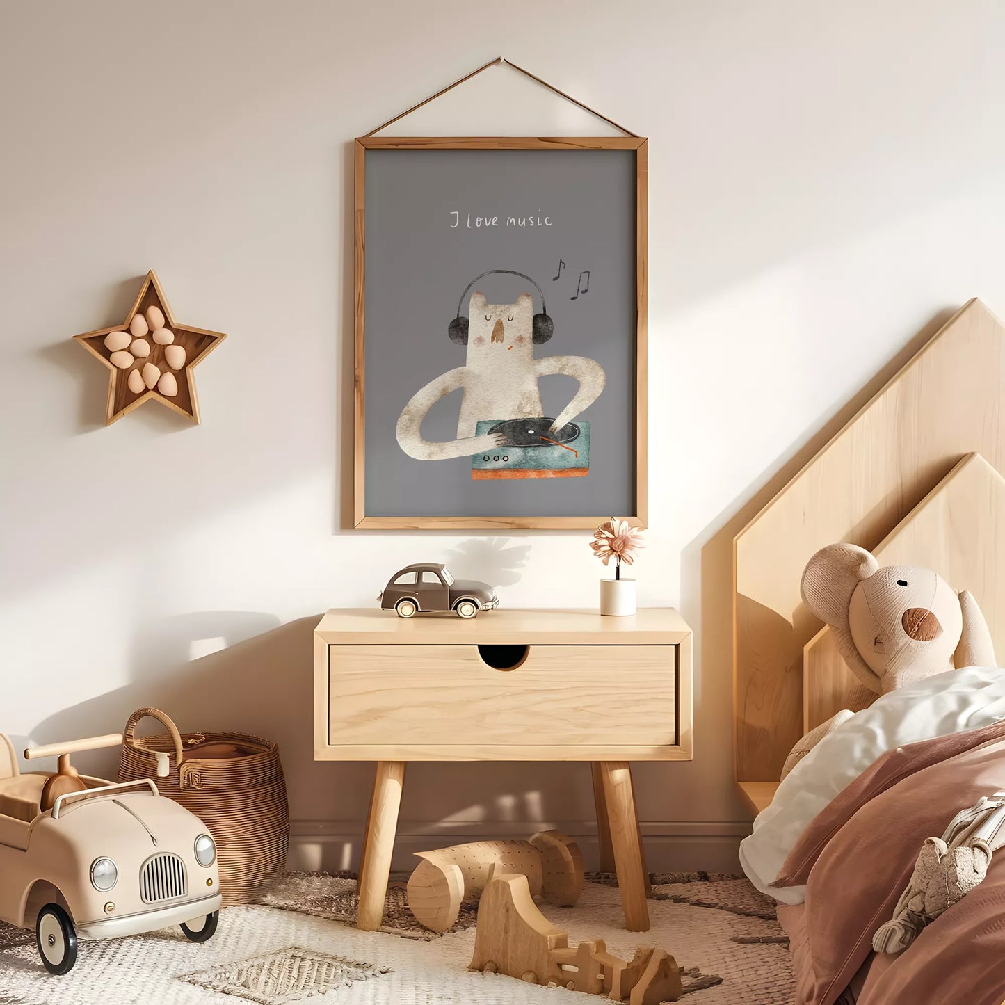 子供向け北欧スタイルのミュージックキャットアートポスター、「I love music」のメッセージ付き壁掛け装飾