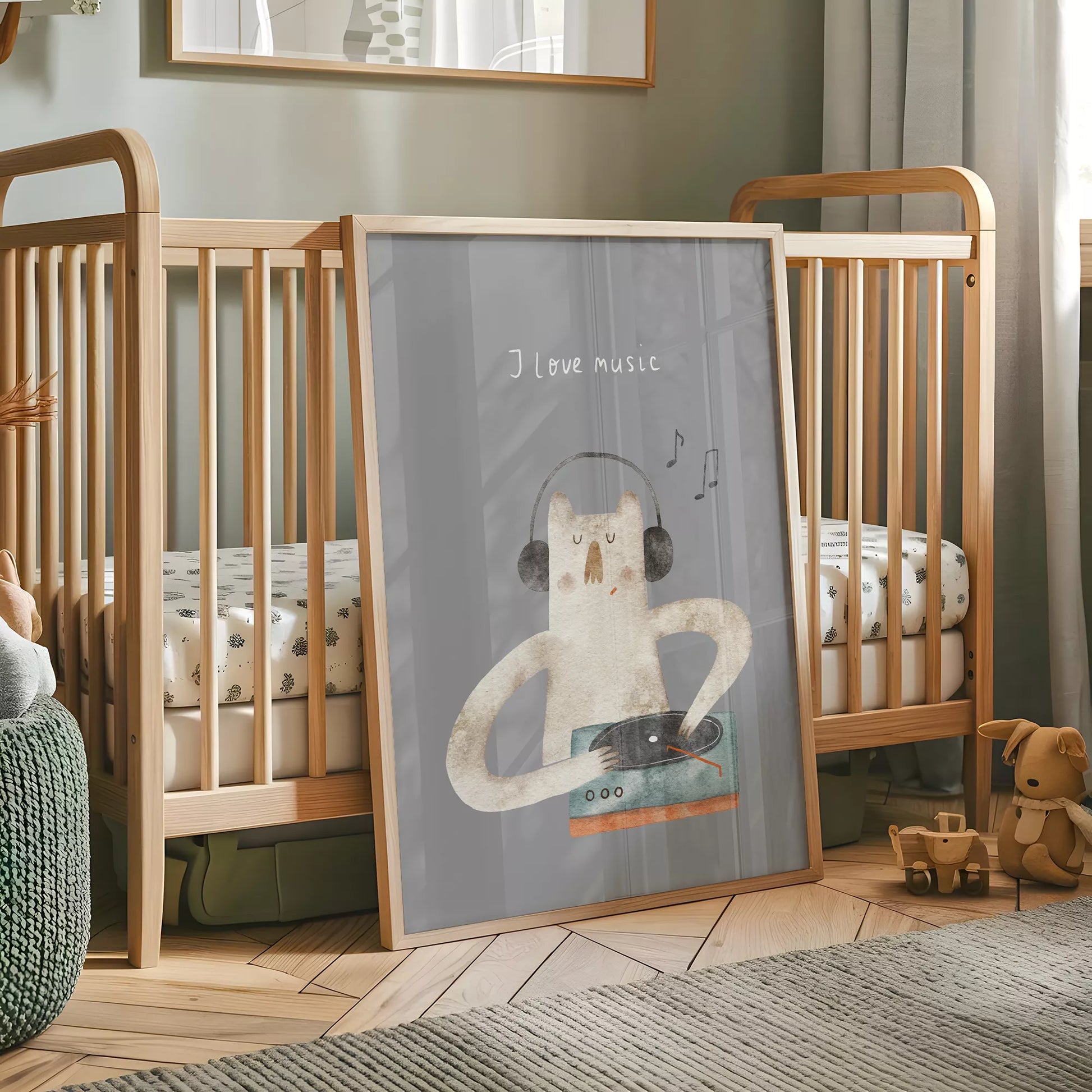 子供向け北欧スタイルのミュージックキャットアートポスター、「I love music」のメッセージ付き壁掛け装飾