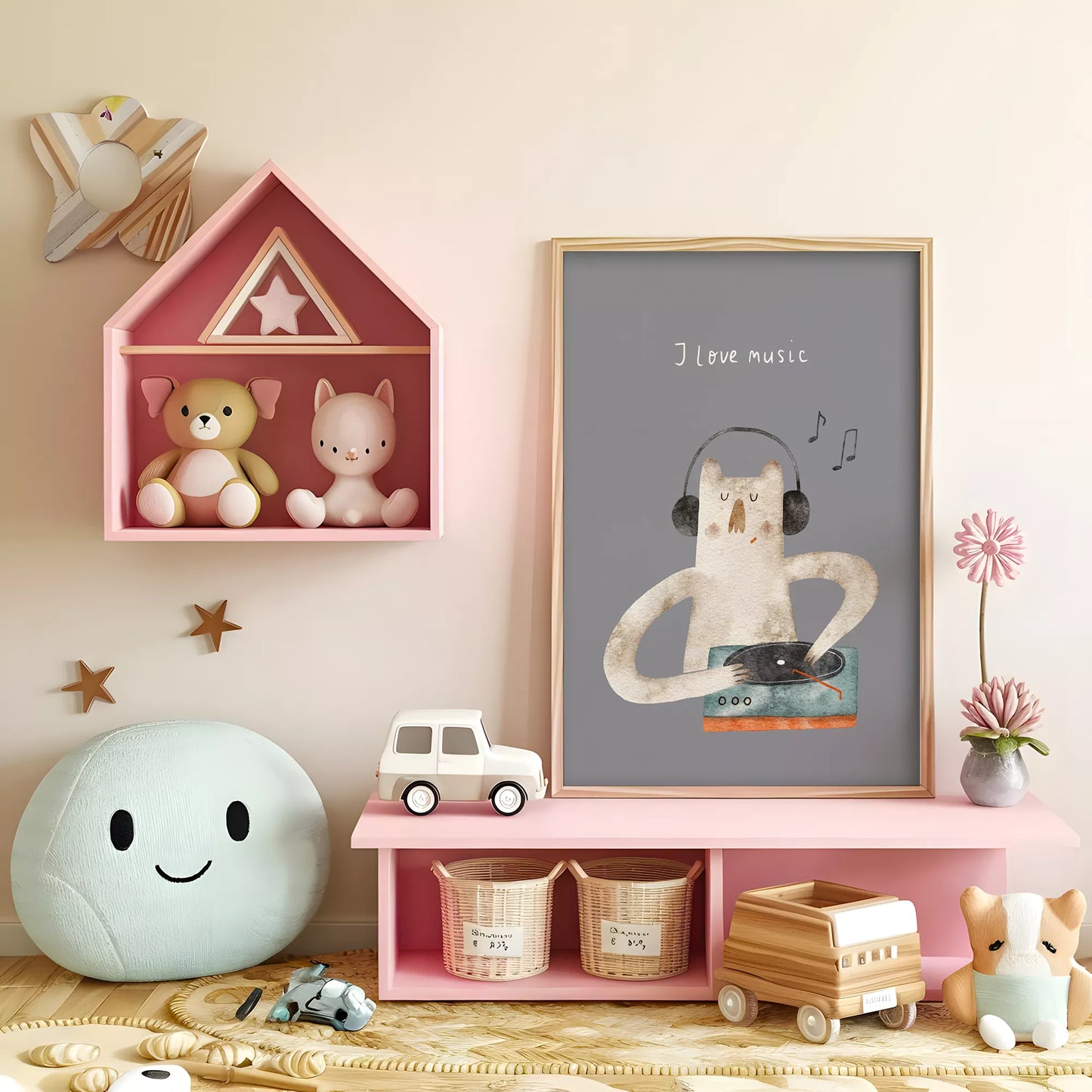 子供向け北欧スタイルのミュージックキャットアートポスター、「I love music」のメッセージ付き壁掛け装飾