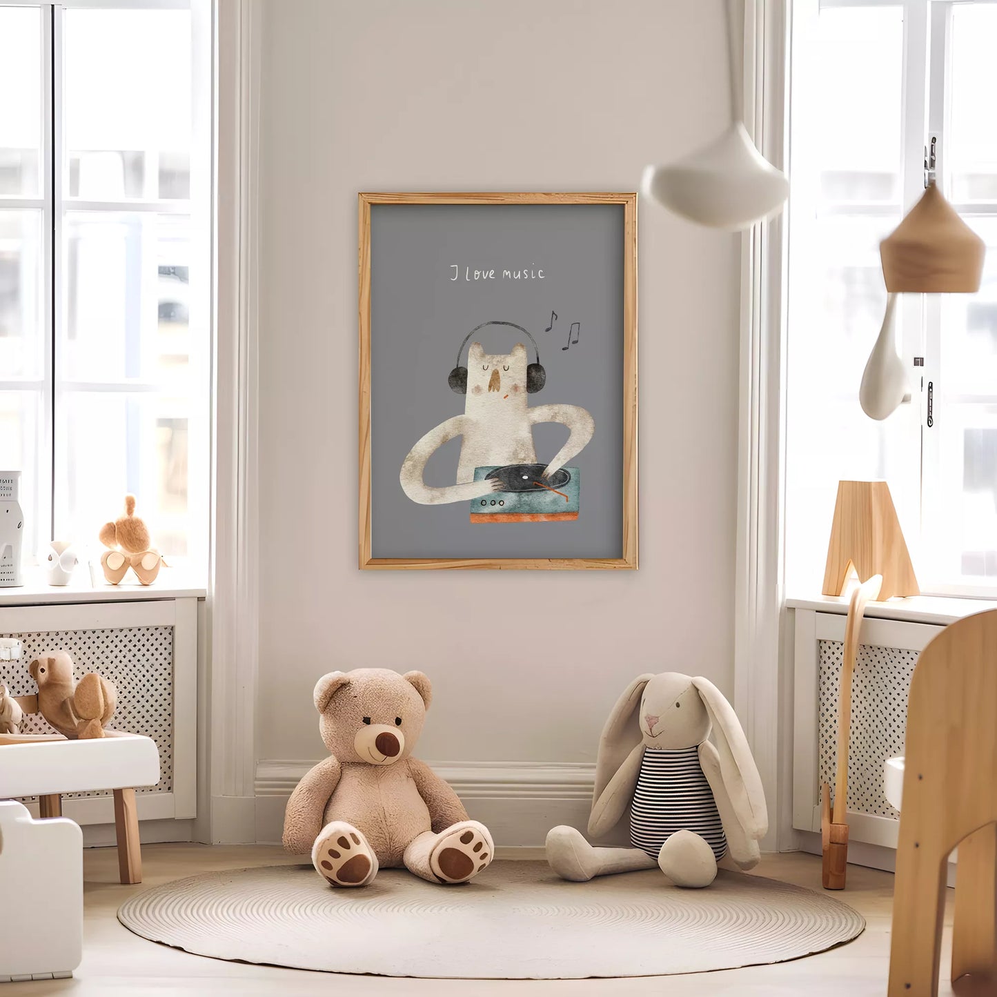 子供向け北欧スタイルのミュージックキャットアートポスター、「I love music」のメッセージ付き壁掛け装飾