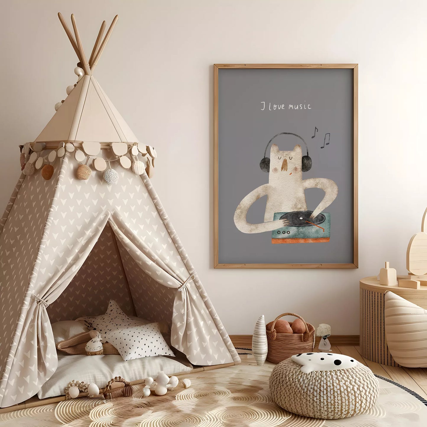 子供向け北欧スタイルのミュージックキャットアートポスター、「I love music」のメッセージ付き壁掛け装飾