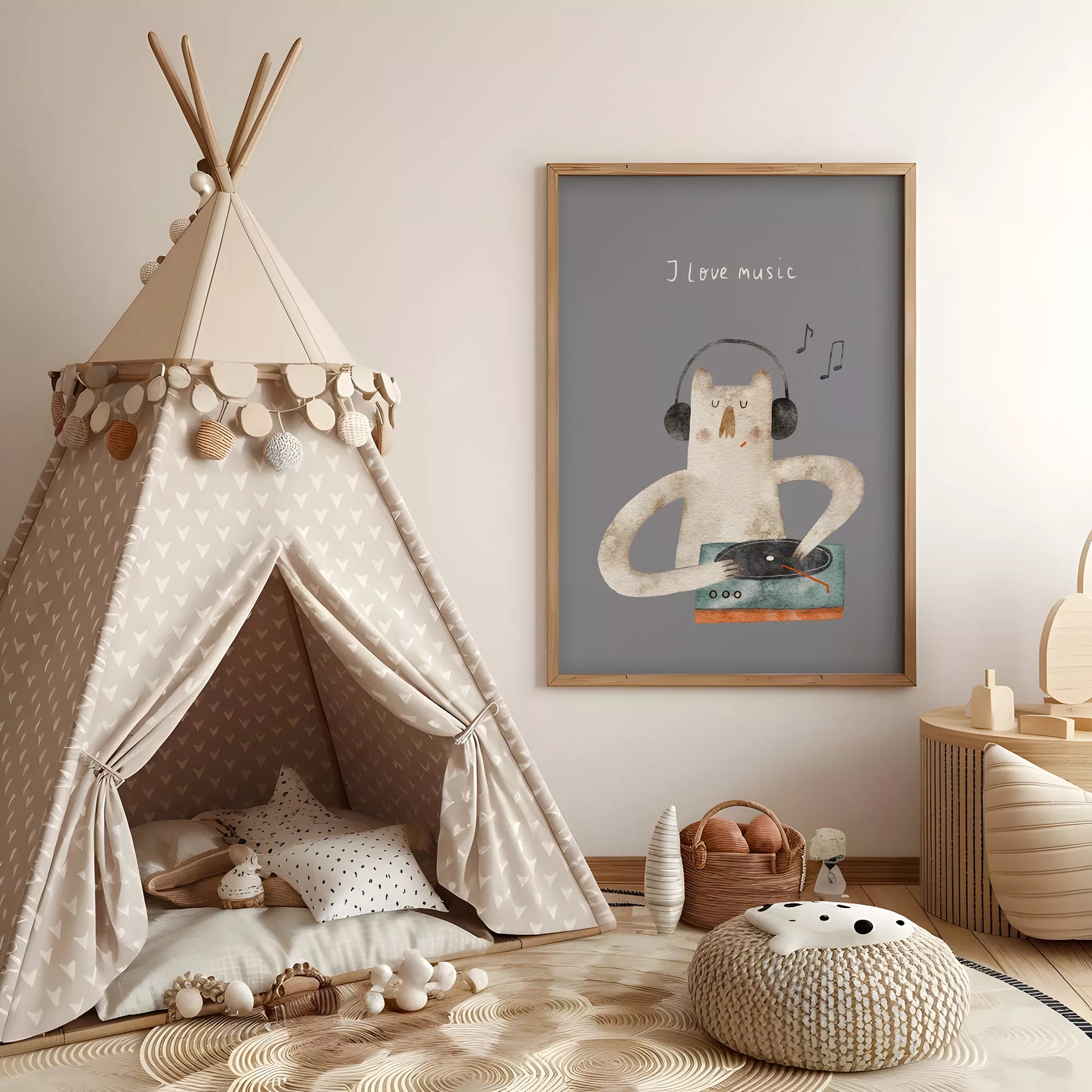 子供向け北欧スタイルのミュージックキャットアートポスター、「I love music」のメッセージ付き壁掛け装飾
